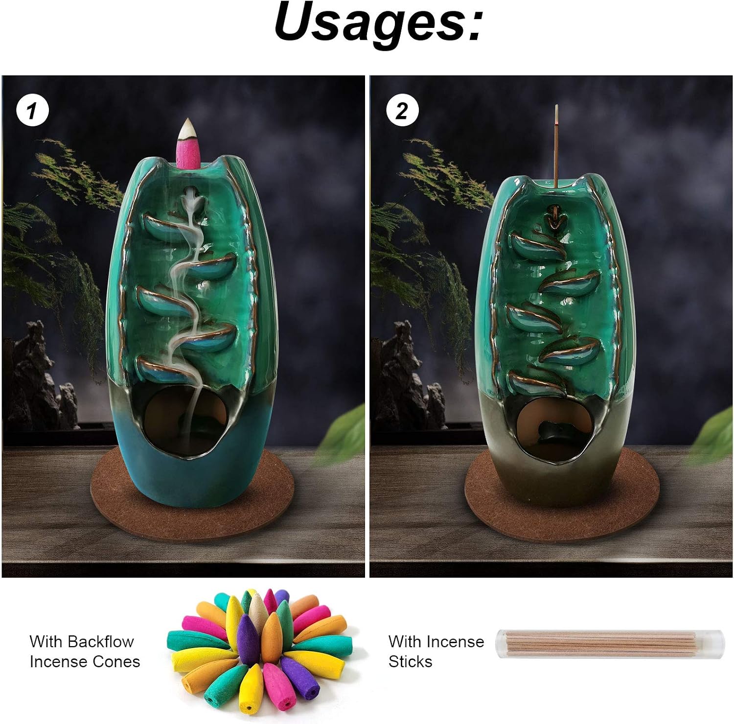 Extrapins Incense Burner Set,Ceramic Backflow Cones Sticks Holder,Incense Waterfall Burner with 100 Cones 30 Sticks 1 Lotus Cushion 1 Tweezers,Incense Fountain for Home Decor Yoga Aromatherapy