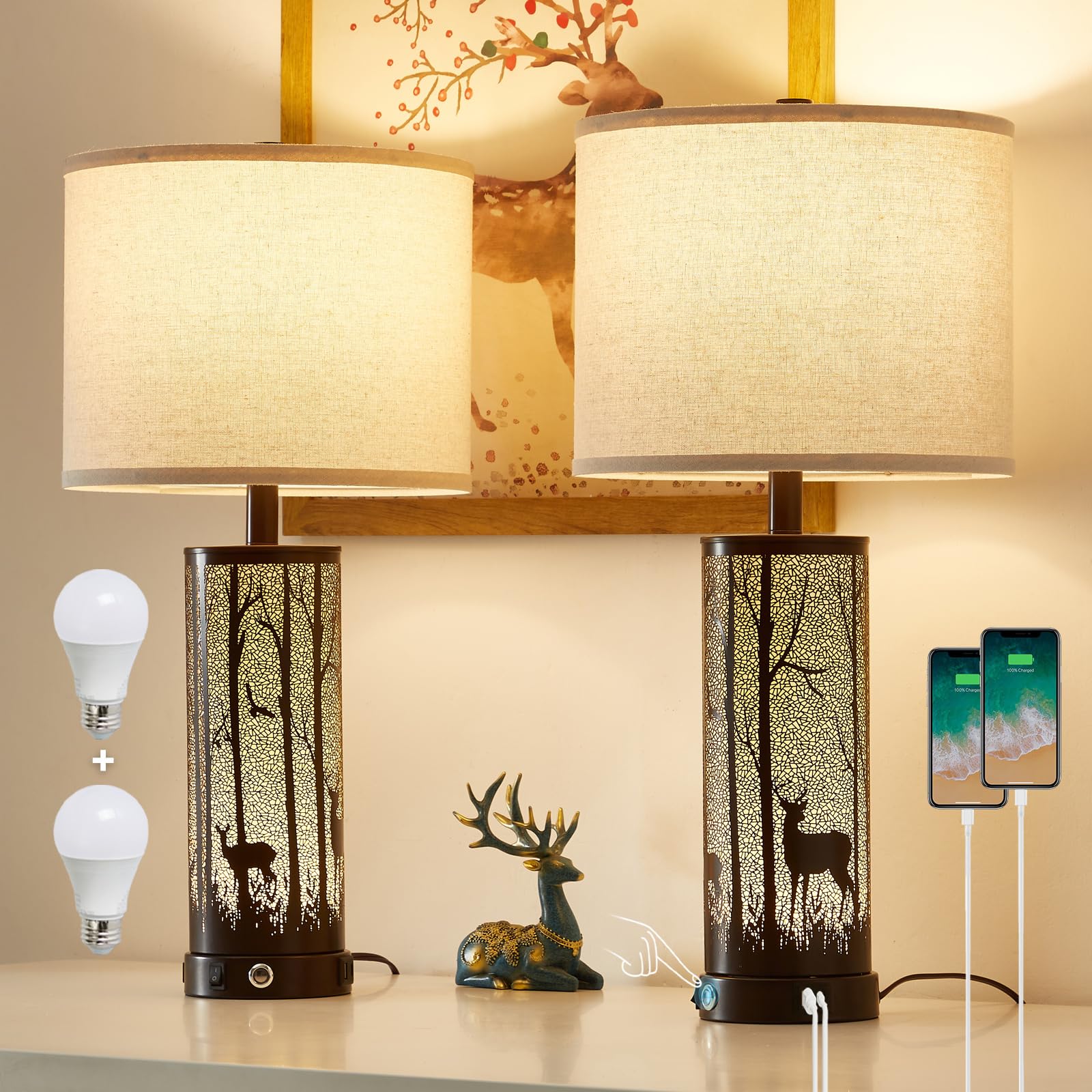 Bedside Table Lamps Set of 2 with USB A+C and AC Outlet Charging Ports 3 Way Dimmable Touch Control Nightstand Lamps for Bedroom Living Room (Bulbs Included)