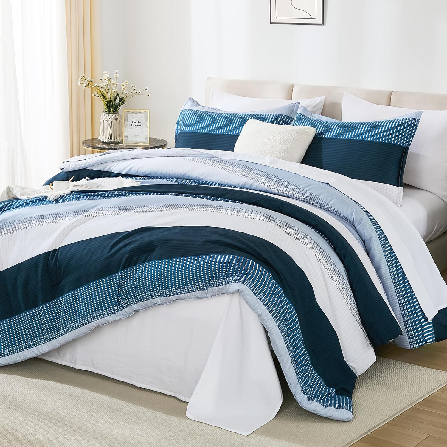 Andency Queen Comforter Set Navy - 7 Pieces Striped Bed in a Bag, Soft Microfiber All Season Patchwork Bedding Set with Comforter, Fitted & Flat Sheet, Pillowcases & Shams - Image 6