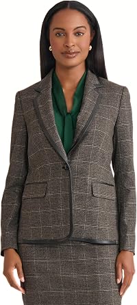Kasper Womens Plaid Faux Leather One-Button Blazer