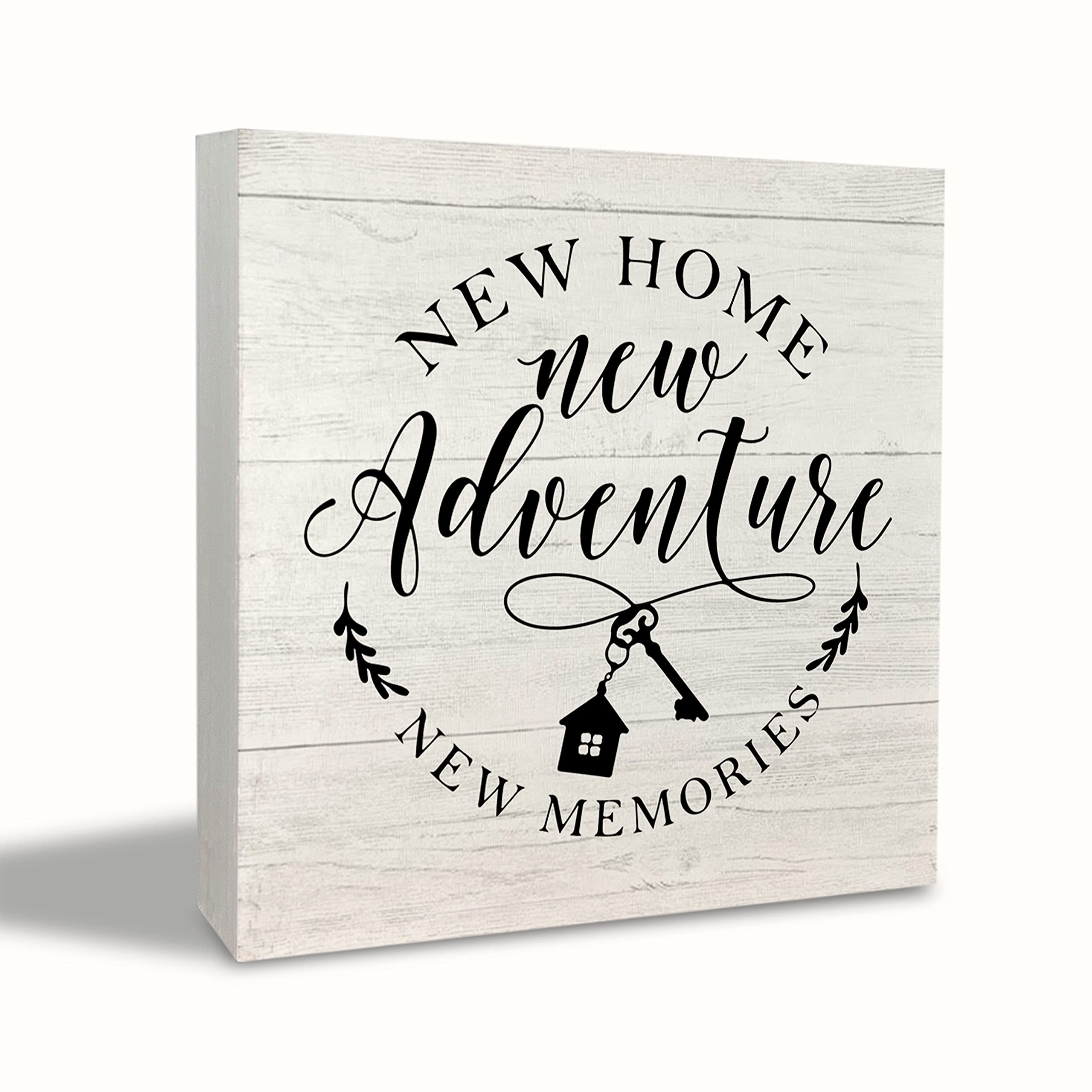 KEUSPI Farmhouse New Home New Adventure New Memories Rustic Family Wood Block Plaque Box Sign Desk Decor for New Home Bedroom Living Room Wall