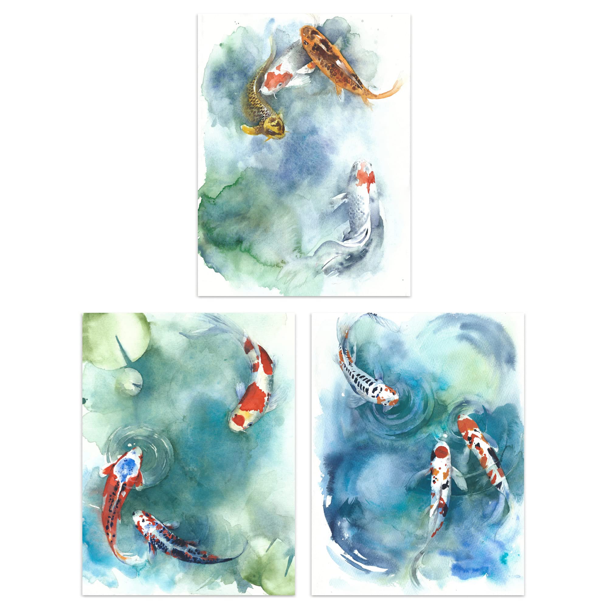 Artery8 Japanese Koi Carp Fish Watercolour Set Of 3 Unframed Wall Art Prints Bathroom Bedroom Aesthetic Goldfish 12X16 Inch