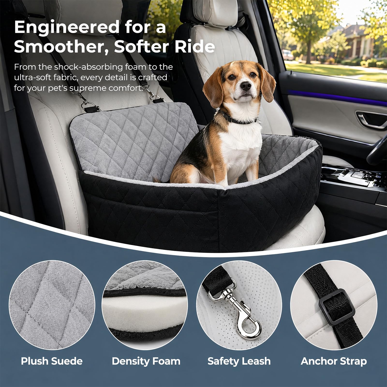 Hunde Autositz, Plüsch Hundesitz Auto für kleine Hunde bis zu 9 kg, Hundebox Auto mit Aufbewahrungstaschen und Sicherheitsgurt, weiches Reisebett für Haustiere für Vorder und Rücksitze (Schwarz+Grau)