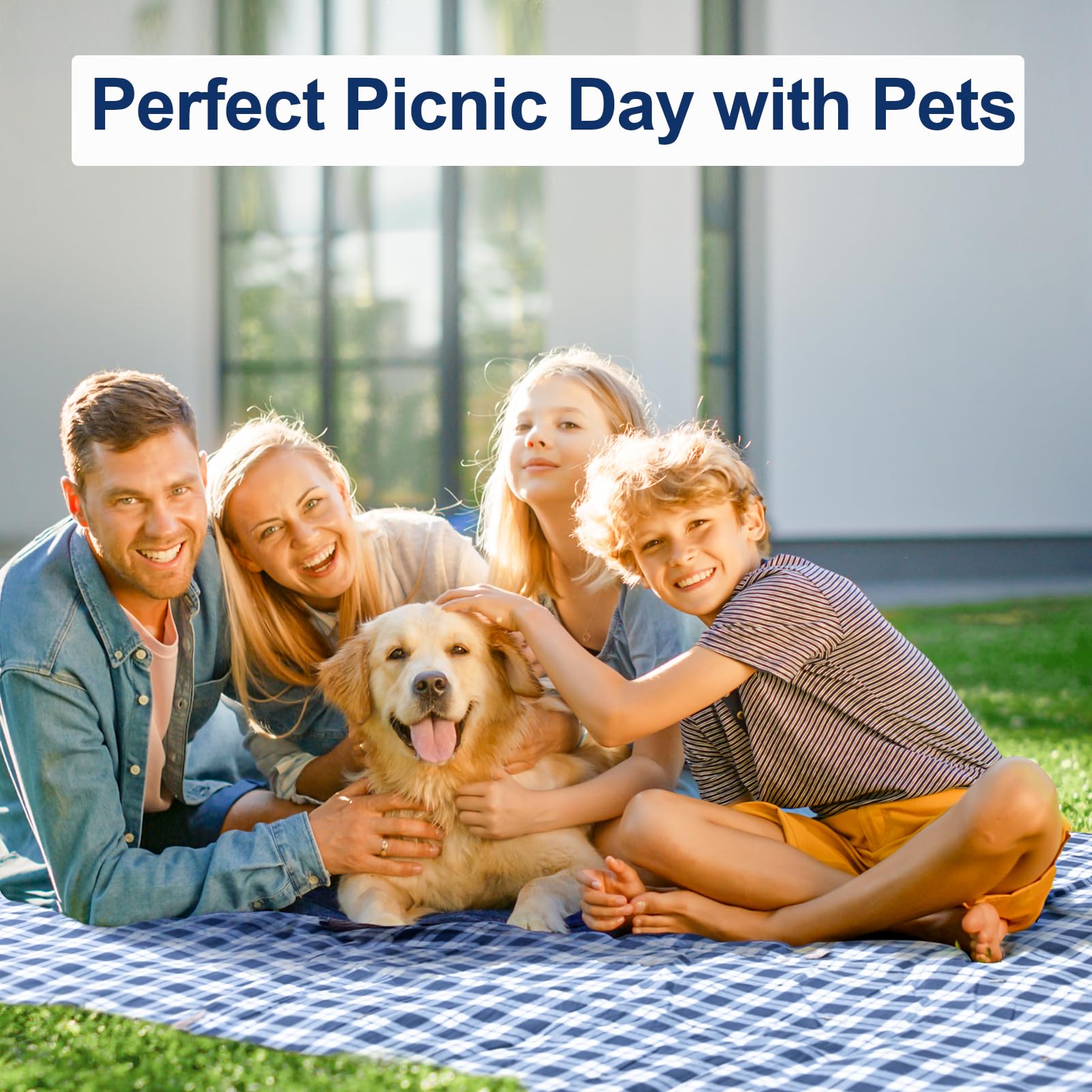 HUTHIM Coperta da Picnic 300 x 300 cm, Impermeabile, Senza Sabbia per Esterni, Lavabile XXL Pieghevole con Tracolla Ideale per Parco Spiaggia (Griglia Blu e Bianco)