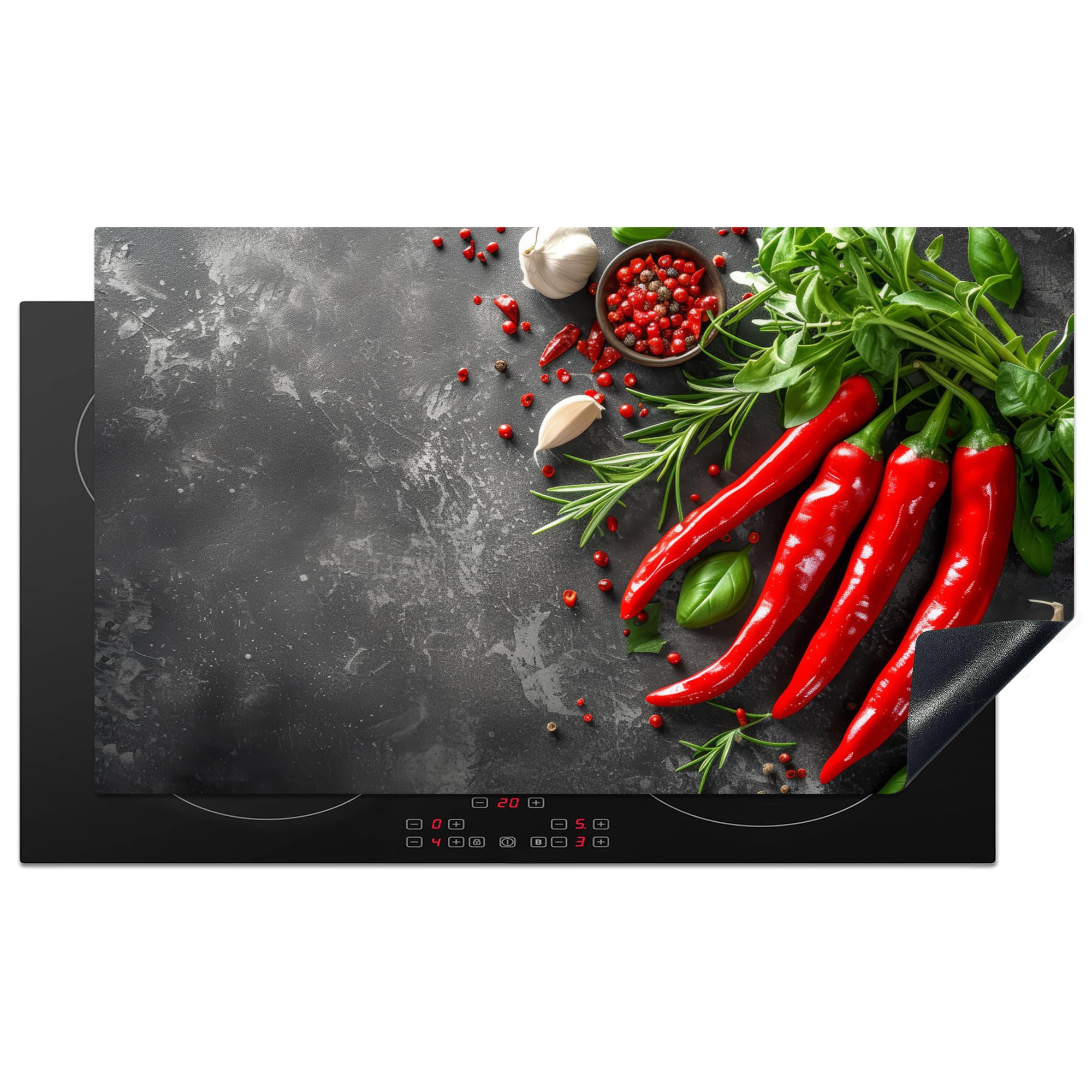 KitchenYeah© Induction Hob Protector Mat 20.3"x35.3" / 89.6x51.6 cm Cooker Top Protectors Cover Ceramic Covers Electric Hobs Vinyl Chilies - Concrete - Garlic - Kitchen