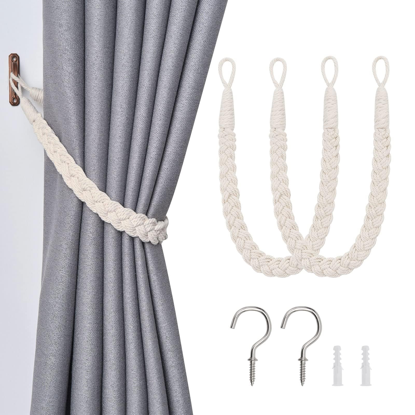 Paporich Natural Cotton Rope Curtain Tiebacks, Elegant Boho Style Decorative Drape Tie Backs, Soft Hand-Woven Rope Curtain Holdbacks with Metal Hook for Home and Office Drapery (Beige, Set of 2)