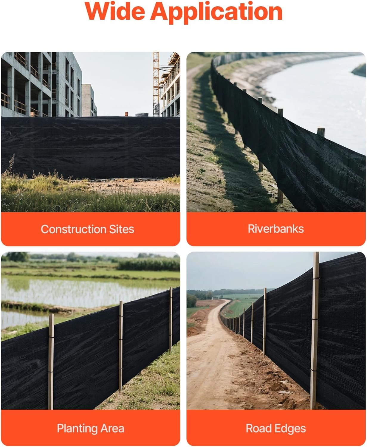 VEVOR Silt Fence Fabric Roll, 3 x 500 ft Erosion Control Fencing, Industrial Grade Tough Polypropylene Fabrics for Sediment Retention, Temporary Fabric for Construction Job Sites