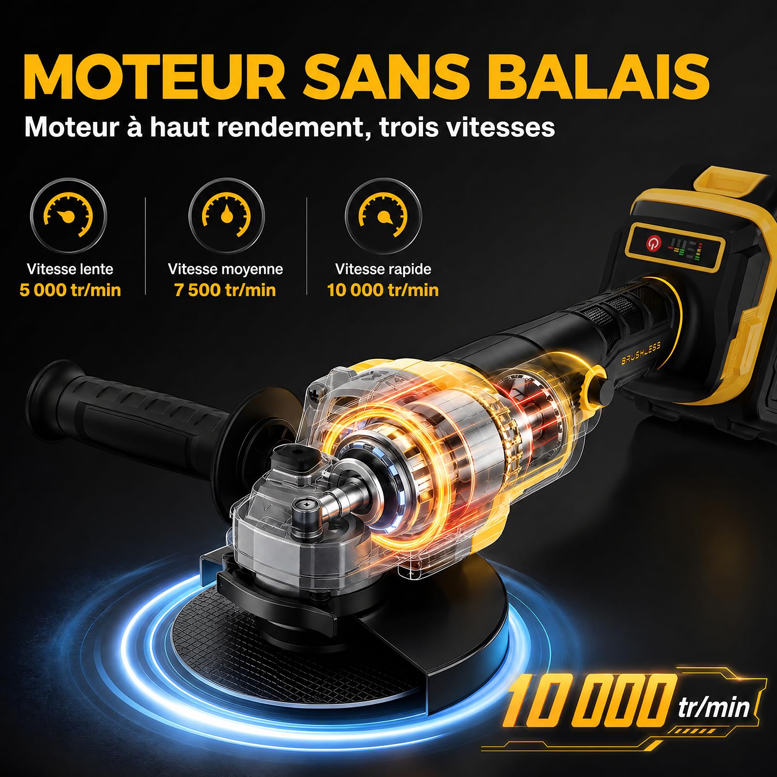 SOARFLY Meuleuse sans Fil, 10000 Tr/Min, Ø 115 mm, Moteur sans Balais Disqueuse, 2 Batteries 4000 mAh, Protections Anti-Blocage & Anti-Chute, meuleuse d'angle Idéale pour Couper, Meuler, Polir