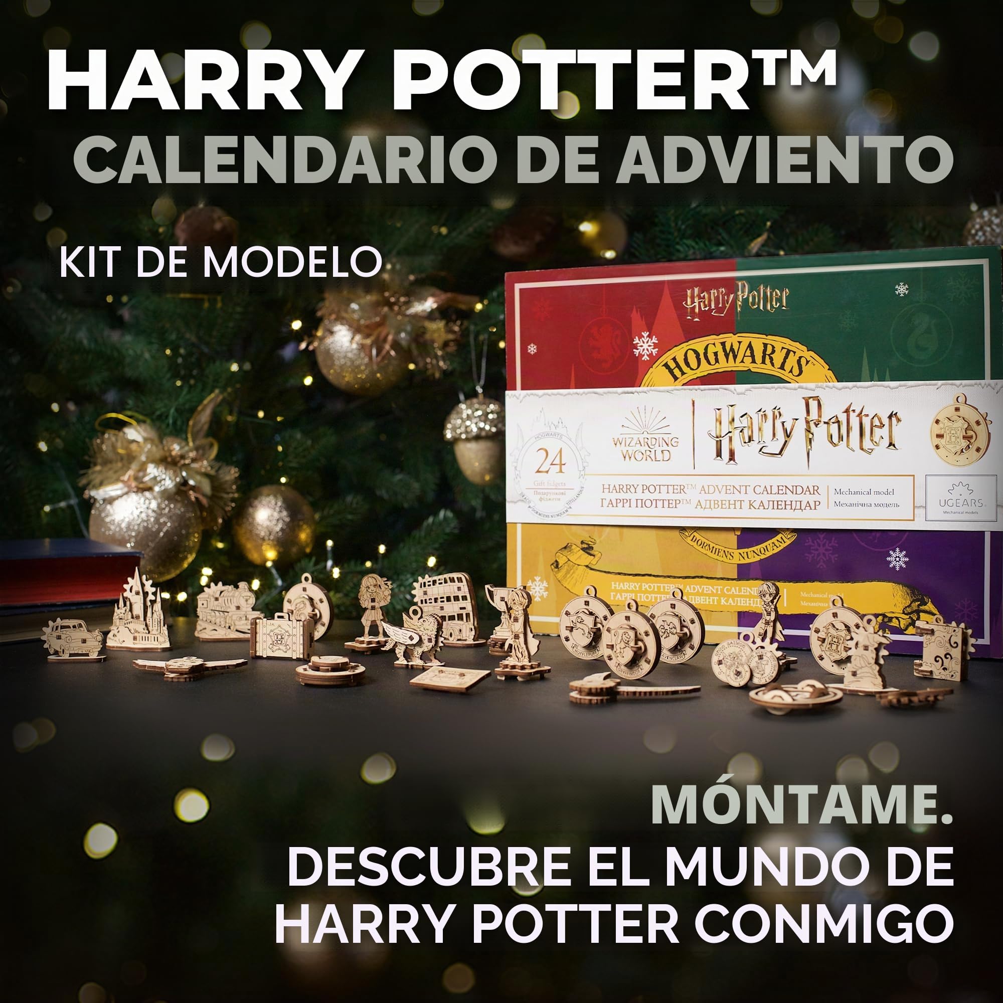 UGEARS Calendario Adviento 2023 Harry Potter - Maquetas para Construir - Calendario de Adviento de Cuenta Regresiva de Navidad con 24 maquetas Madera - Incluye Decoraciones para árboles de Navidad