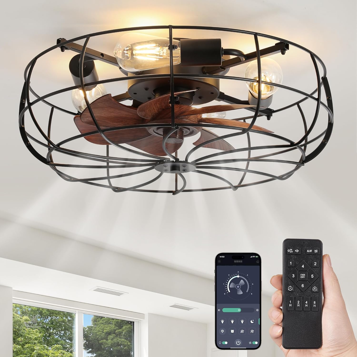 (SIMILAR)LEDIARY 20\" Caged Ceiling Fans with Lights and Remote, Flush Mount Bladeless Ceiling Fan Low Profile, Small Farmhouse Industrial Enclosed Ceiling Fan with Light for Bedroom, Kitchen, Indoor 20 Inch