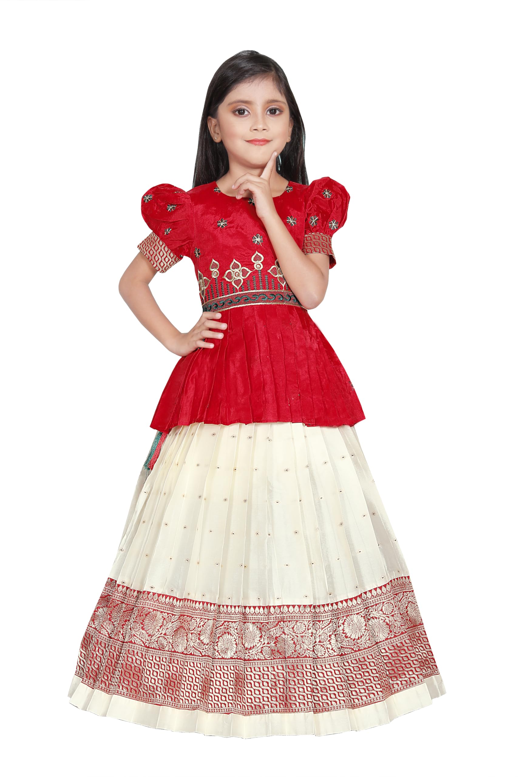 COMRATENew south Indian traditional pattu pavadai Jecquard Lehenga choli for girls dress, Red-White, 5 Years-6 Years