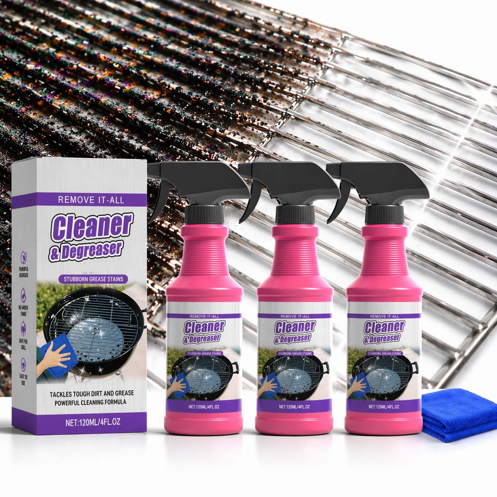 Schnell wirkendes Hochleistungs-Grill-Entfettungsspray– Stark gegen Eingebranntes, Ruß & Fett – Schneller BBQ Reiniger für Grillrost, Backofen & Pfannen – Kraftvolles Reinigungsspray (3 Stück)