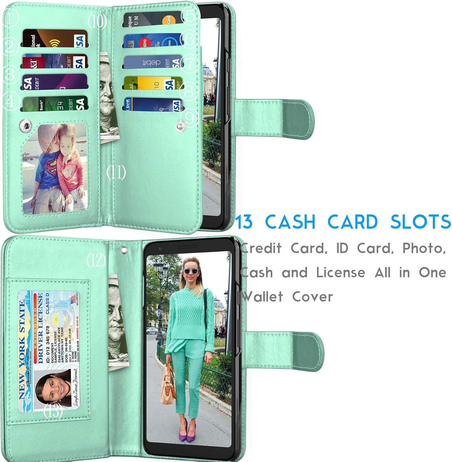 Tekcoo Pixel 3A Case, Wallet Case for Google Pixel 3A, Luxury Cash Credit Card Slots Holder Carrying Folio Flip PU Leather Cover Cases [Detachable Magnetic Hard Case] & Kickstand Strap [Turquoise]