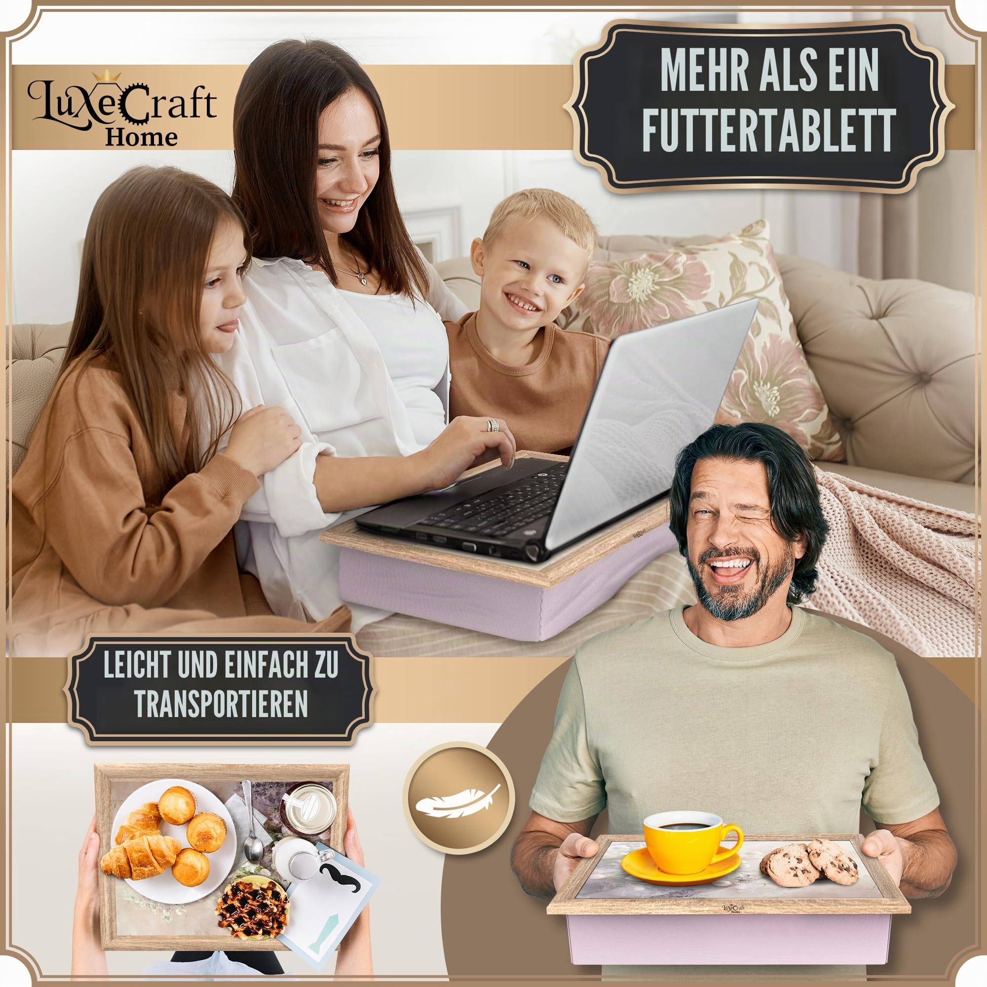 Empire Knietablett mit Sitzsackkissen - Holz Weich Gepolstertes Knietablett mit Kissen zum Essen, Trinken & Laptop - Ideal für Frühstück, Abendessen, Snacks & Arbeit - Komfortabel, tragbar mit