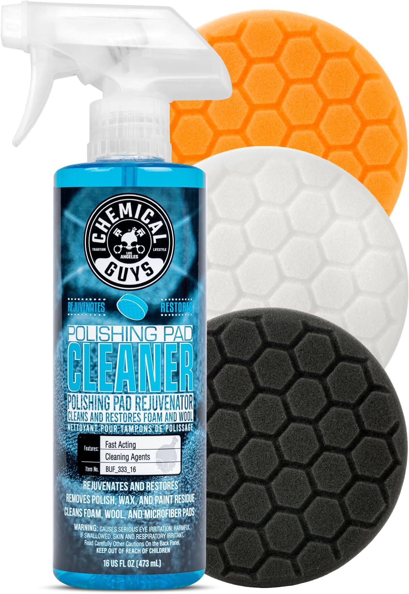 Chemical Guys HEX_3KIT_5 5.5" Buffing Pad Sampler Kit, 4 Items, (1) 16 oz Polishing Pad Cleaner + (3) 5.5" Buffing Pads that Work with 5" Backing Plates