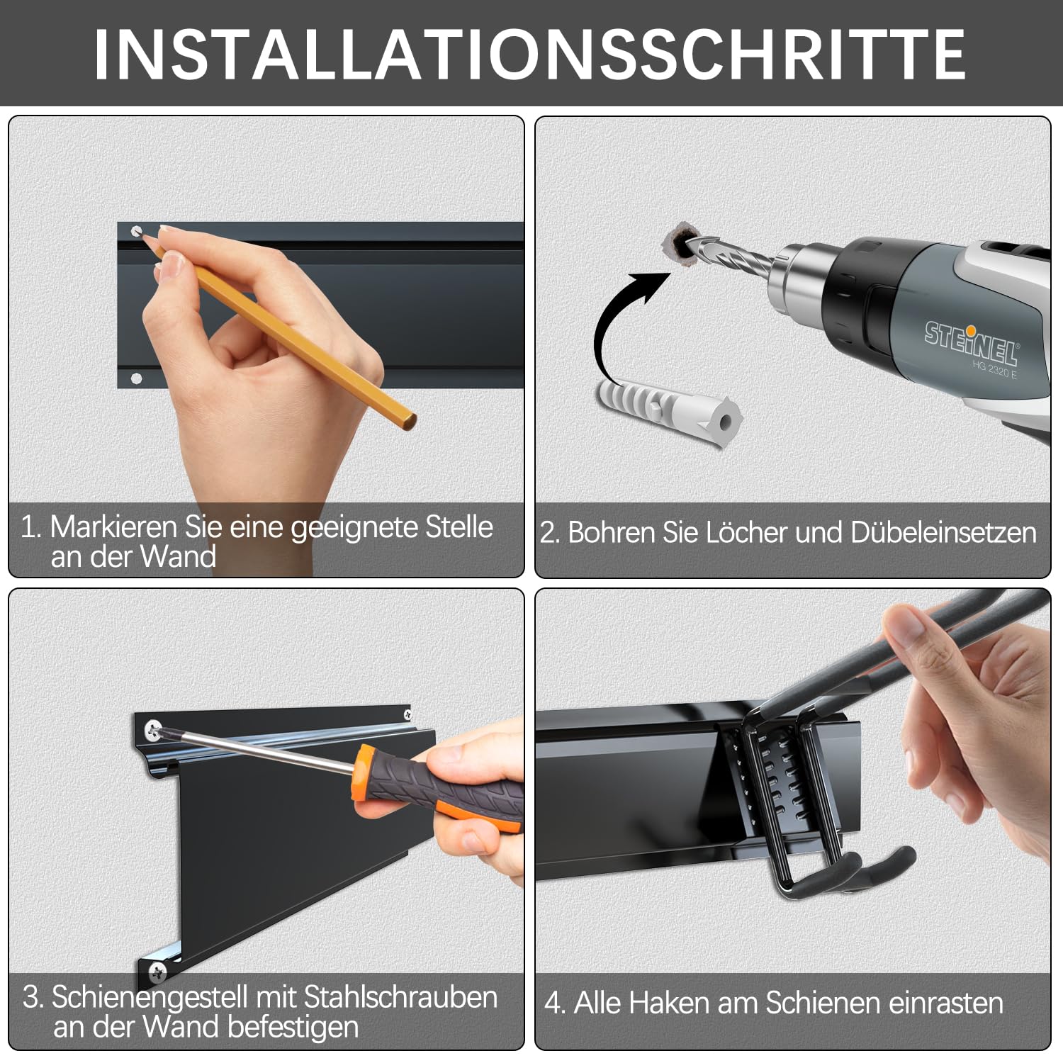 3-H Garage Aufbewahrung,120cm Einstellbar 10 Wandhaken Garagen und 4 S Haken für Gartengeräte,Werkzeughalter Wand Gartengerätehalter für Garage Keller Skiausrüstung Besen Stühl Rechen Schaufel Schwarz
