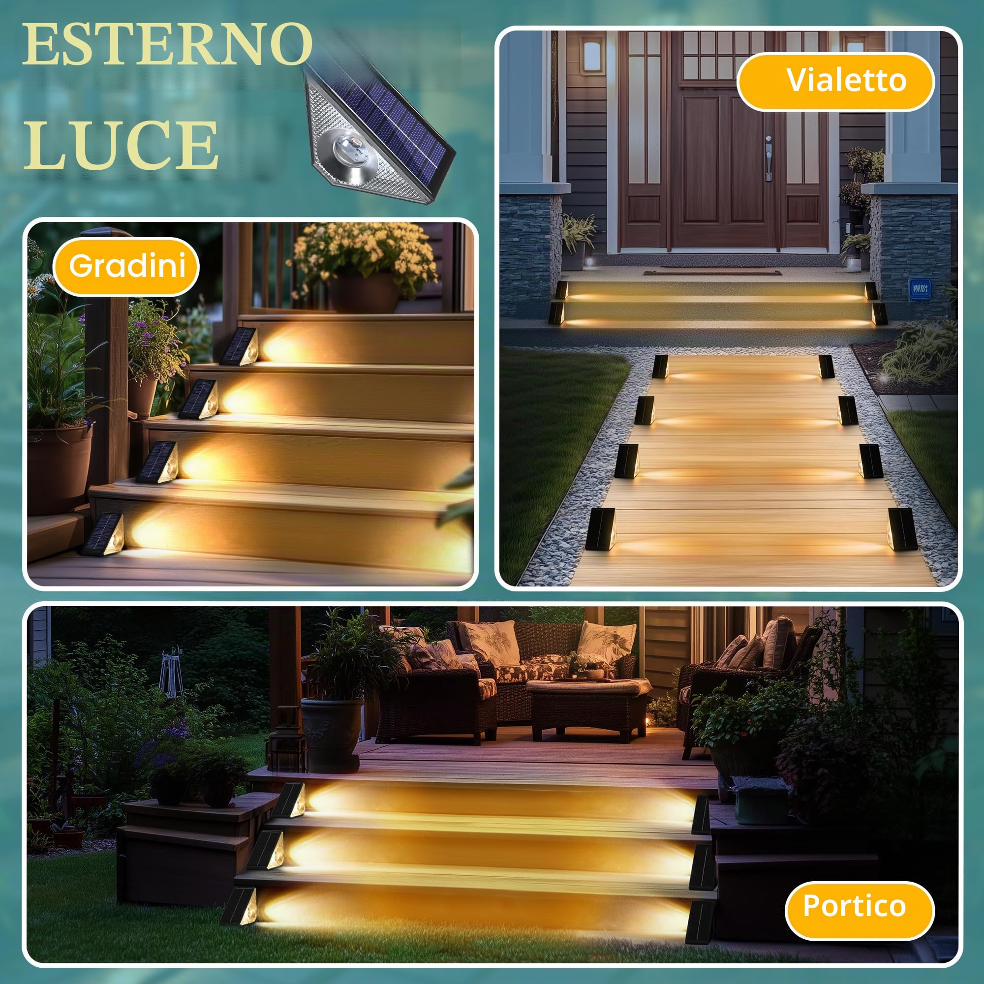 Solpex Luci solari per esterni, 8 pezzi, luce per scale, impermeabile, illuminazione a LED per scale esterne, gradini, recinzione, cortile, terrazza, grondaia, sentiero, decorazione, bianco caldo