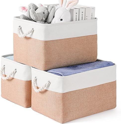 Miniatura 19 de Paquete de 3 contenedores de almacenamiento, canastas de almacenamiento de tela para almacenamiento plegables de lona medianas para organización