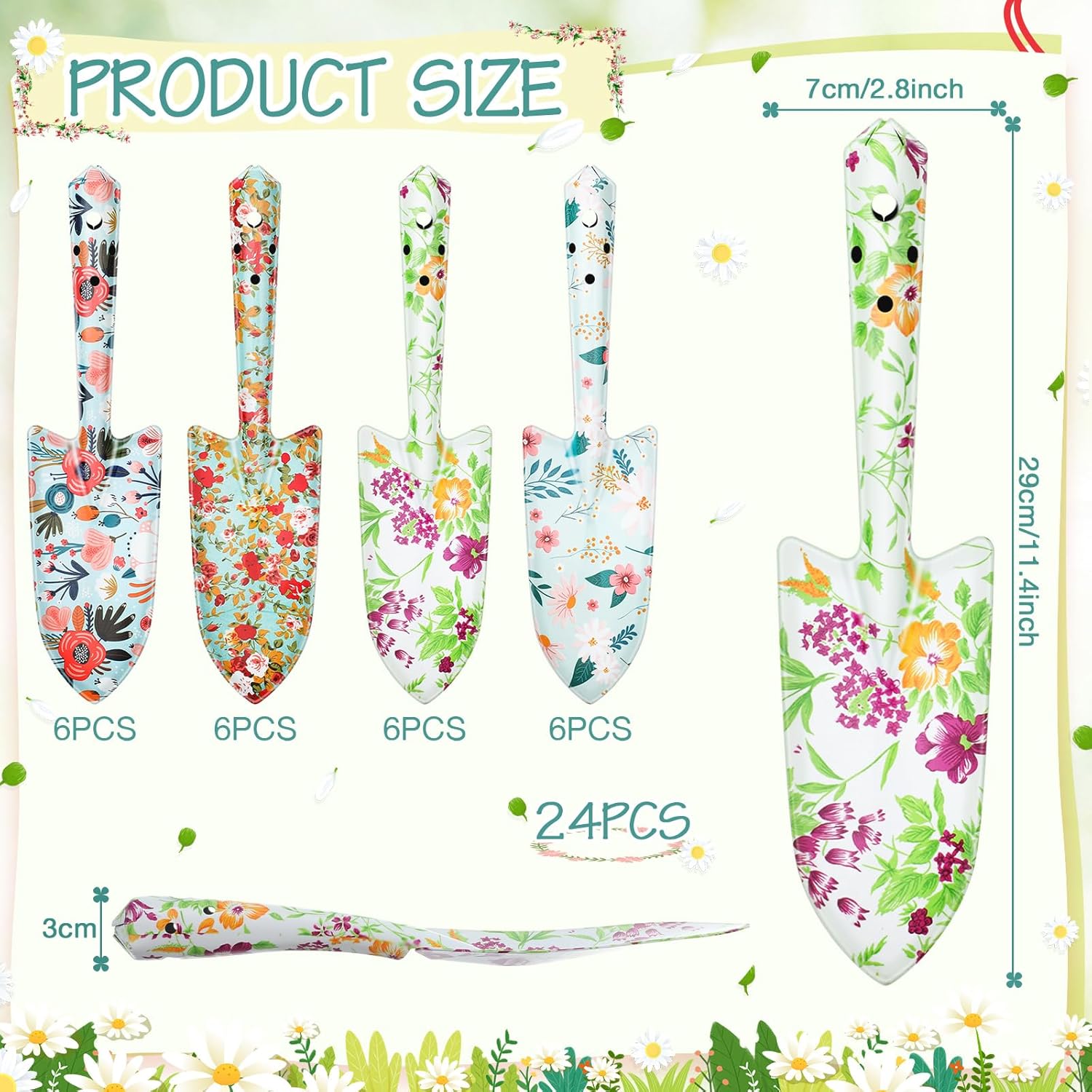 24 Pcs Floral Garden Shovels Bulk Gardening Gift for Women Heavy Duty Garden Tools Floral Hand Shovel for Mom Employees Birthday Thank You Gifts (Green Watercolor Flowers)