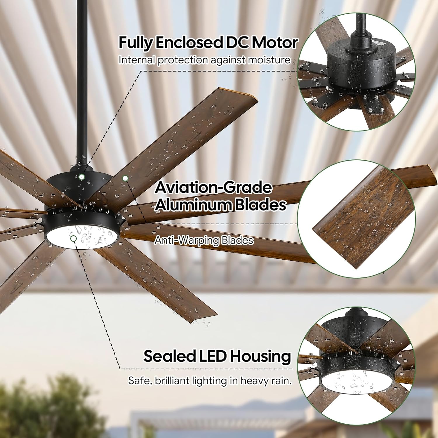 56 Inch Smart Outdoor Waterproof Ceiling Fan with Light, IP 65 Wet Rated All-Weather Fan, 8 Rust-Proof Walnut Aluminum Blades, High CFM Quiet DC Motor, Alexa for Patio, Gazebo, Coastal Porch