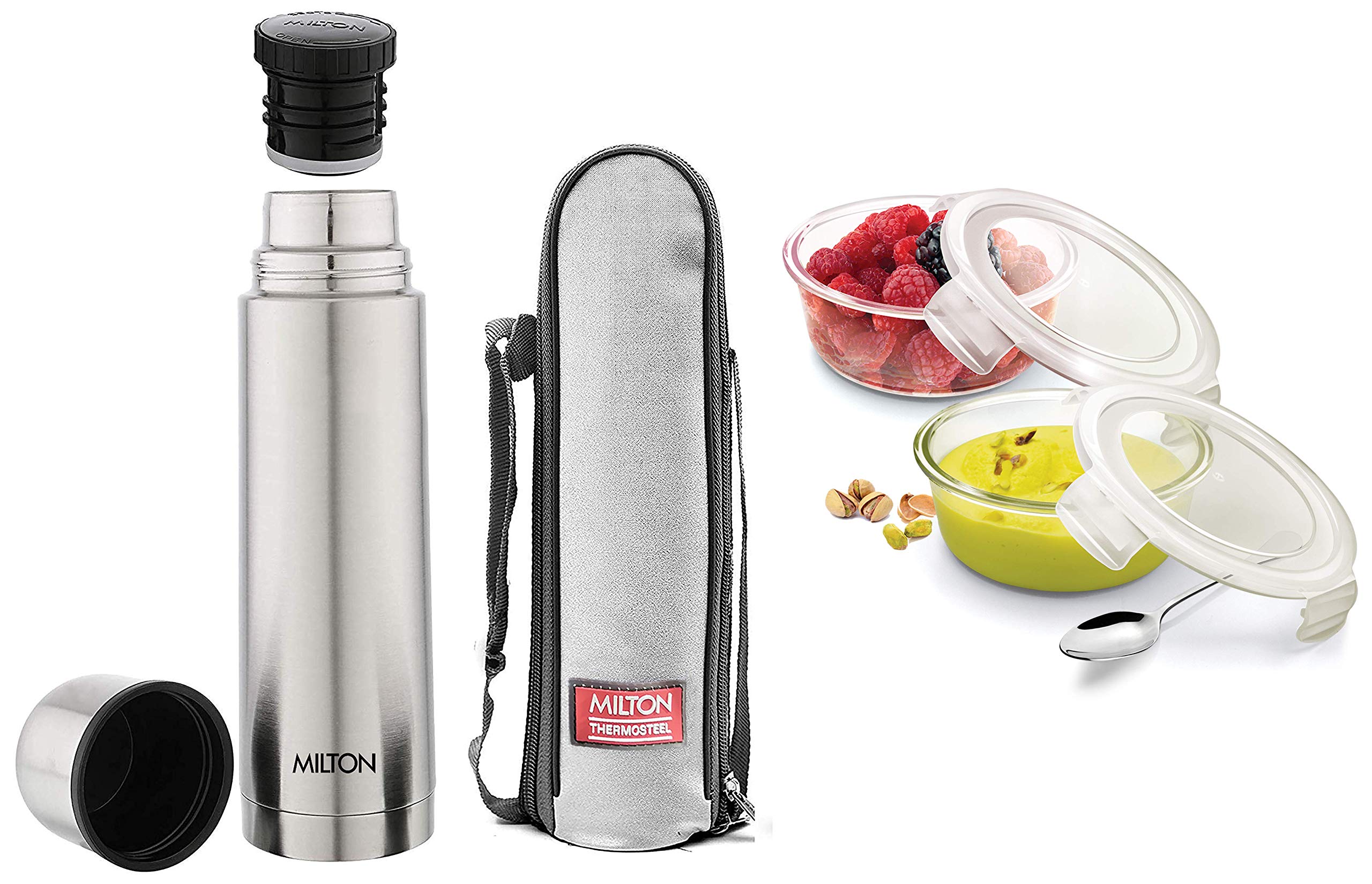 MILTON Thermosteel Plain Lid 1000 Flask, 1 Litre, Silver & Treo by