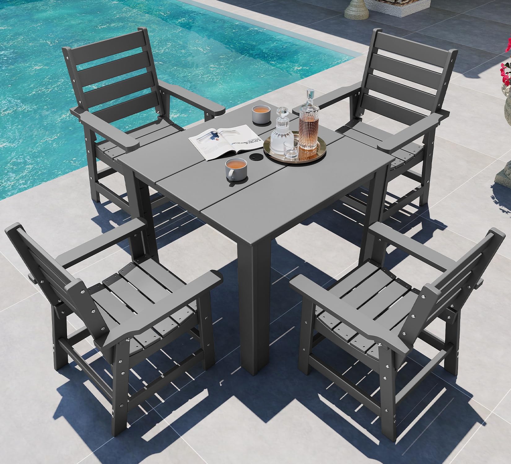 GREENVINES 5-piece Patio Dining Set, HDPE Square Table &amp; 4 Chairs, Gray