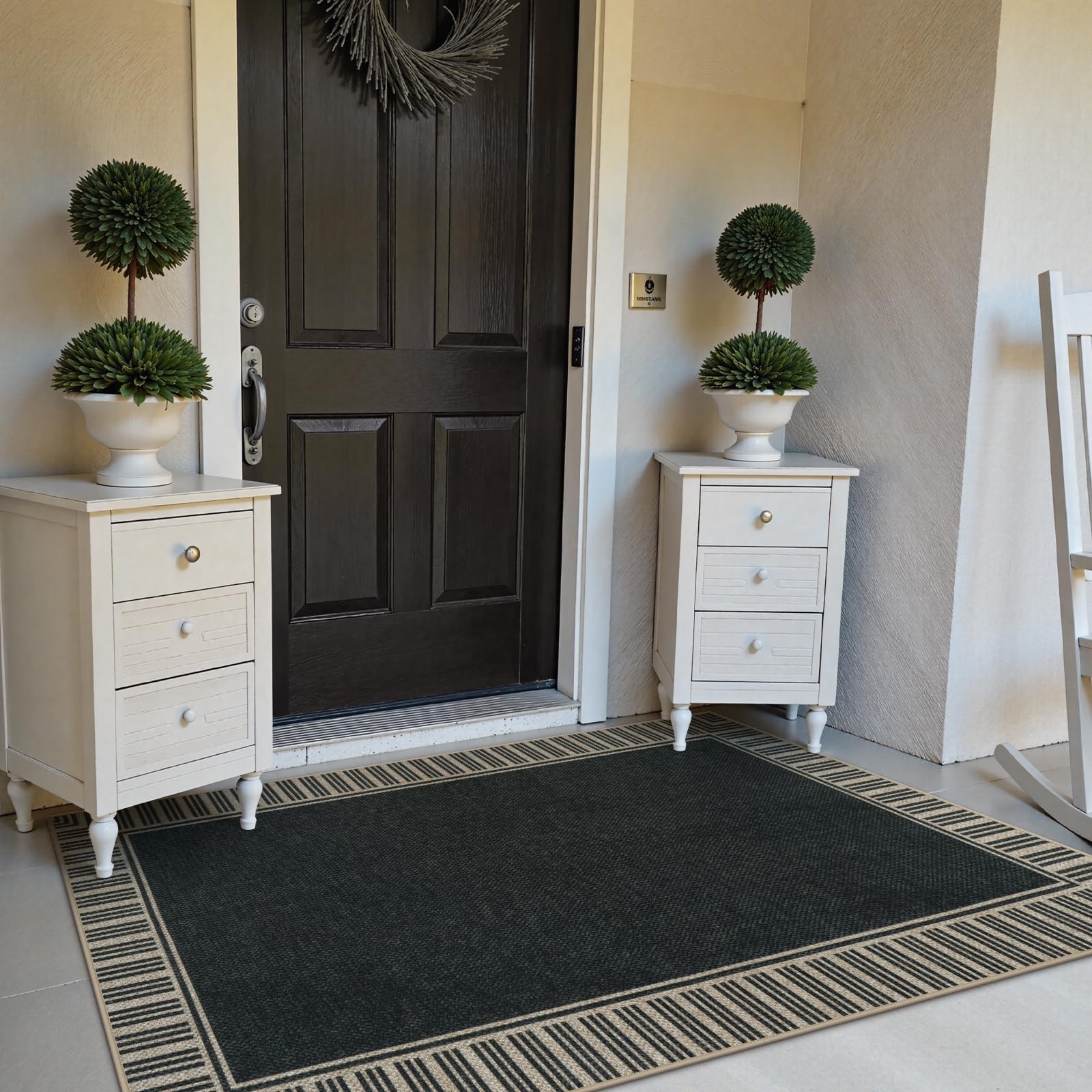 OJIA Easy Jute 3x5 Outdoor Rug Front Door Mats Washable Rugs for Entryway, Striped Border Black Rug Non-Slip Indoor Doormat Outdoor Porch Rug