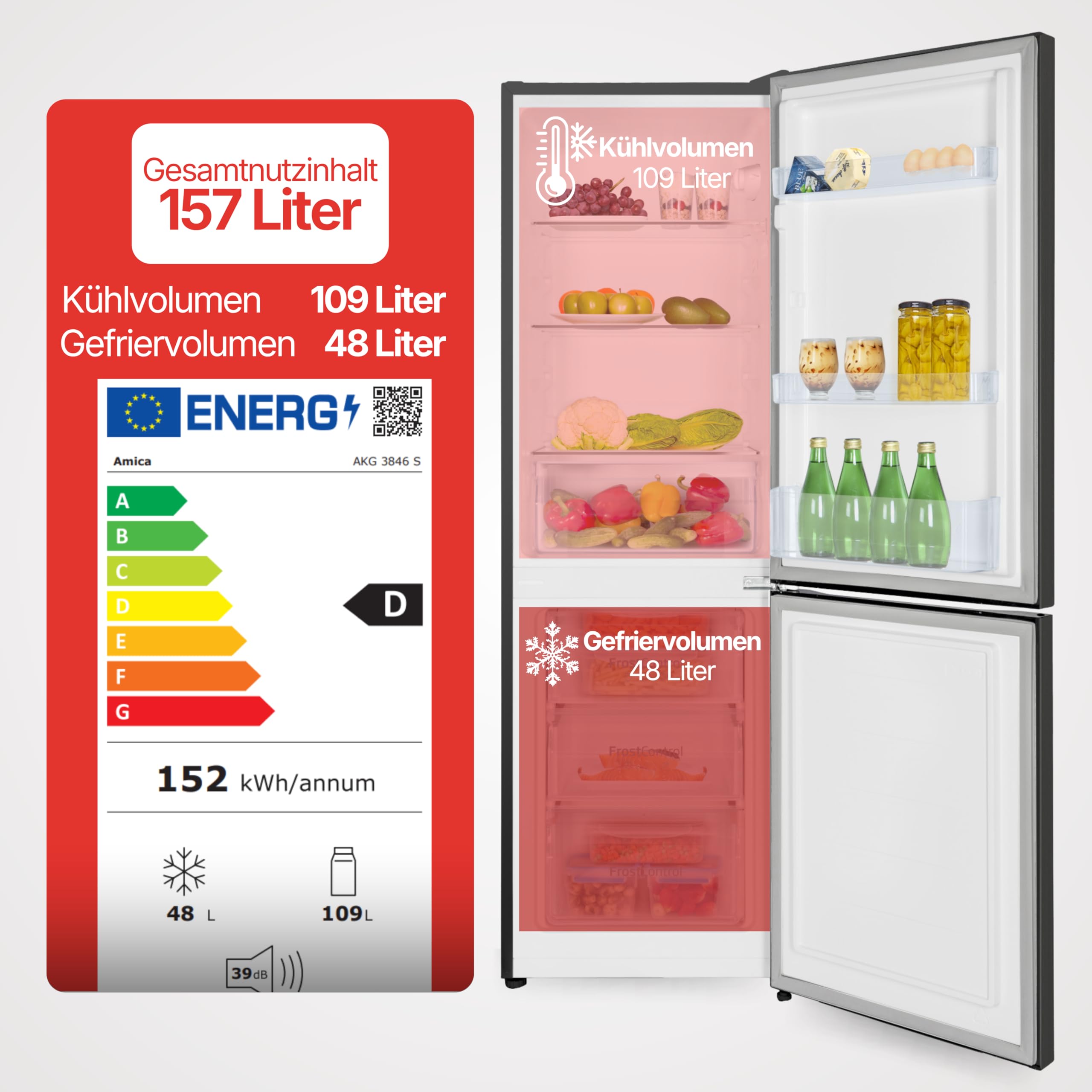 Amica Kühl-Gefrierkombination freistehend 157L FrostControl 144x47,4x49,5 cm LED‑Beleuchtung Elektronische Steuerung Kuehlschrank AKG 3846 S - Schwarz Edelstahloptik
