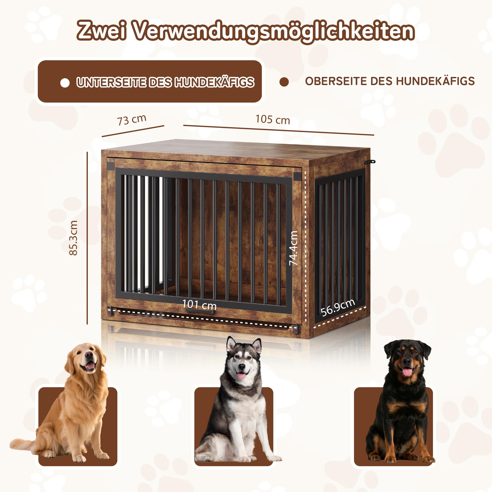Jocoevol Hundebox Möbel, 107cm Hundekäfig für Große Hunde bis 36 kg, Hundehaus Holz mit versteckter Schiebetür, Heavy-Duty Hundekäfig mit Sicherheitsschloss und leisen Pads, 107x73x85 cm, Vintagebraun