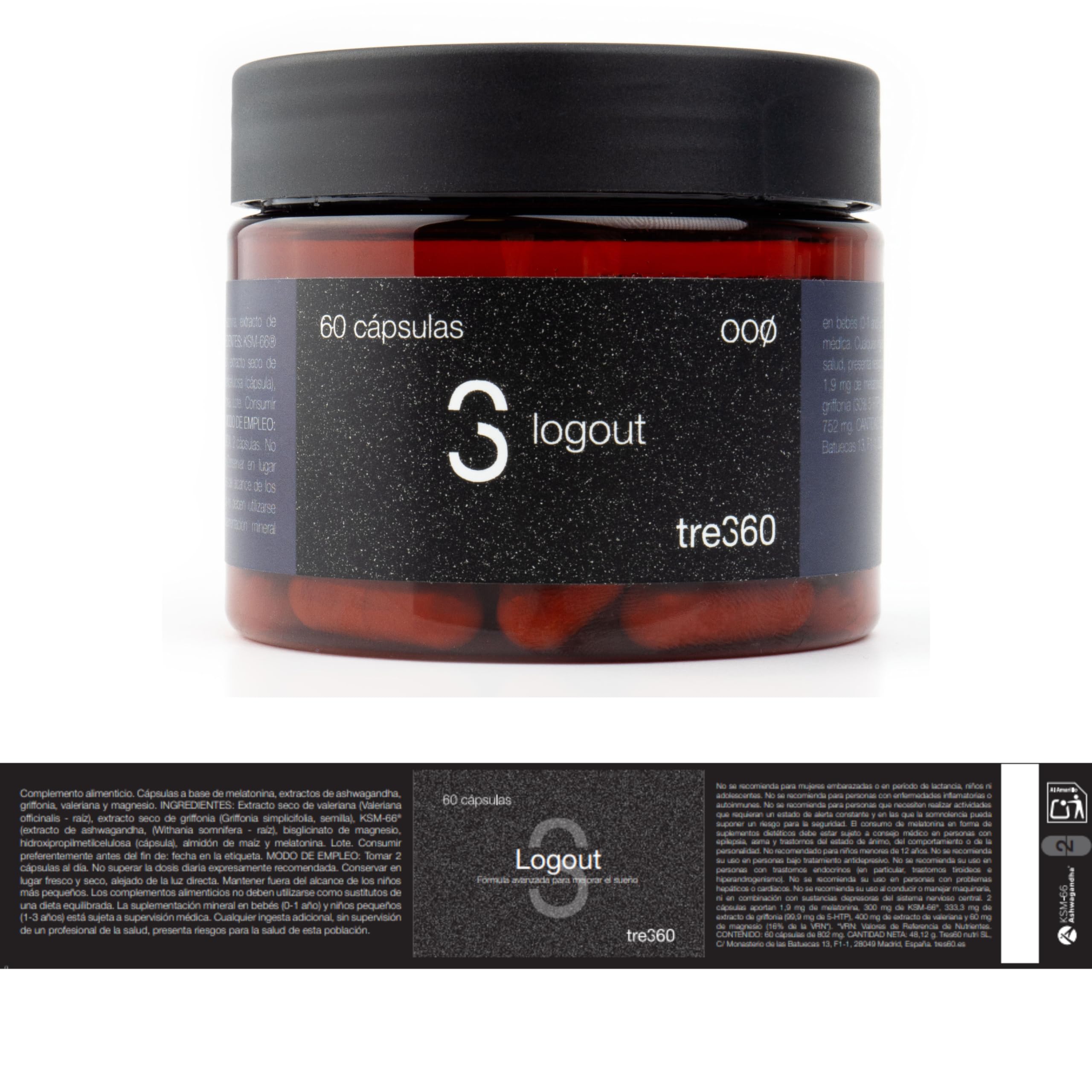 Tres60 - Logout Sueño y Descanso – 60 Cápsulas - Melatonina 1,9 mg, Ashwagandha KSM-66®, Griffonia 5-HTP y Magnesio - Complemento para Dormir Mejor y Favorecer el Descanso Nocturno