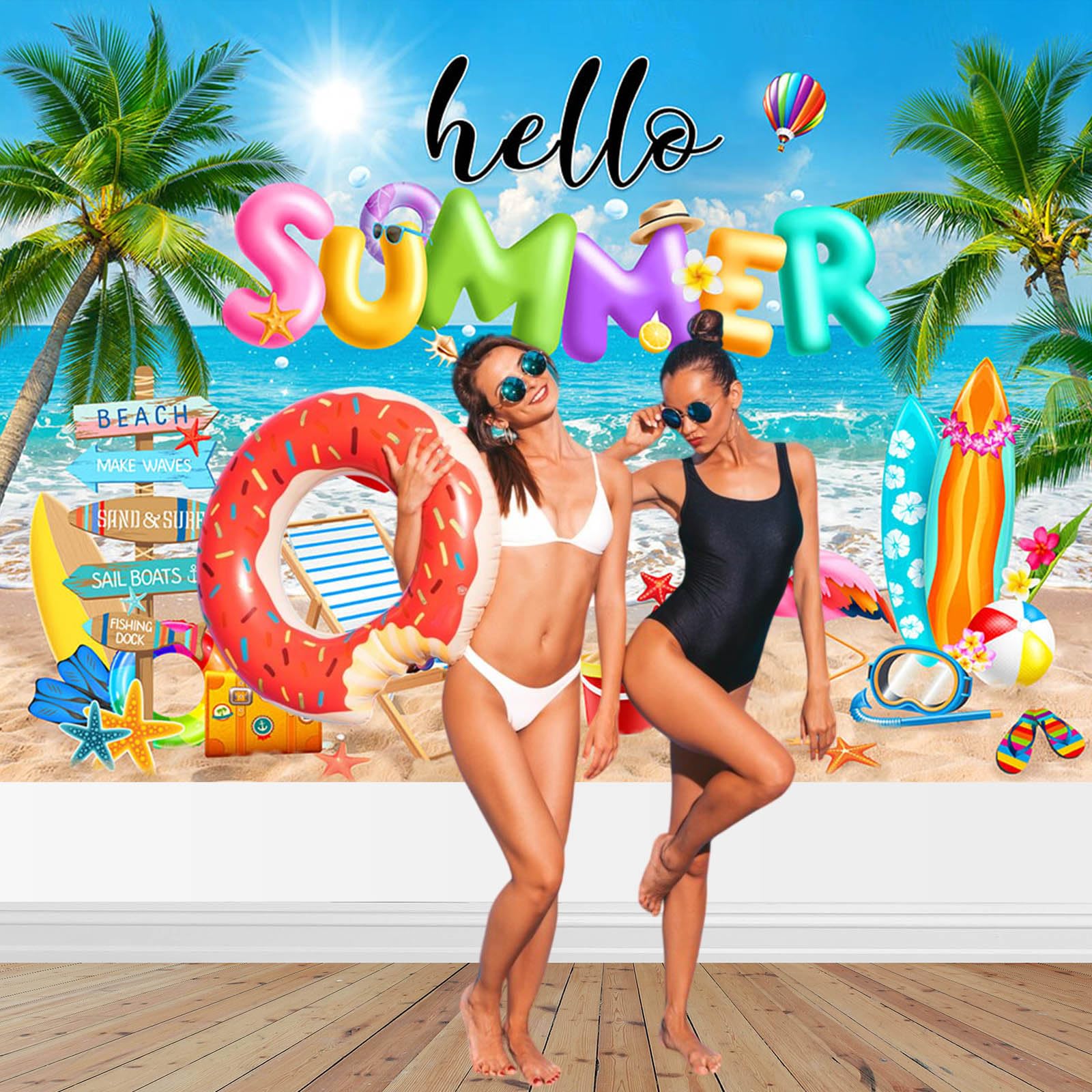 Mocsicka Hello Summer Banner - 70.8x43.3 Inch Hawaiian Beach Backdrop For Tropical Luau Party Decor