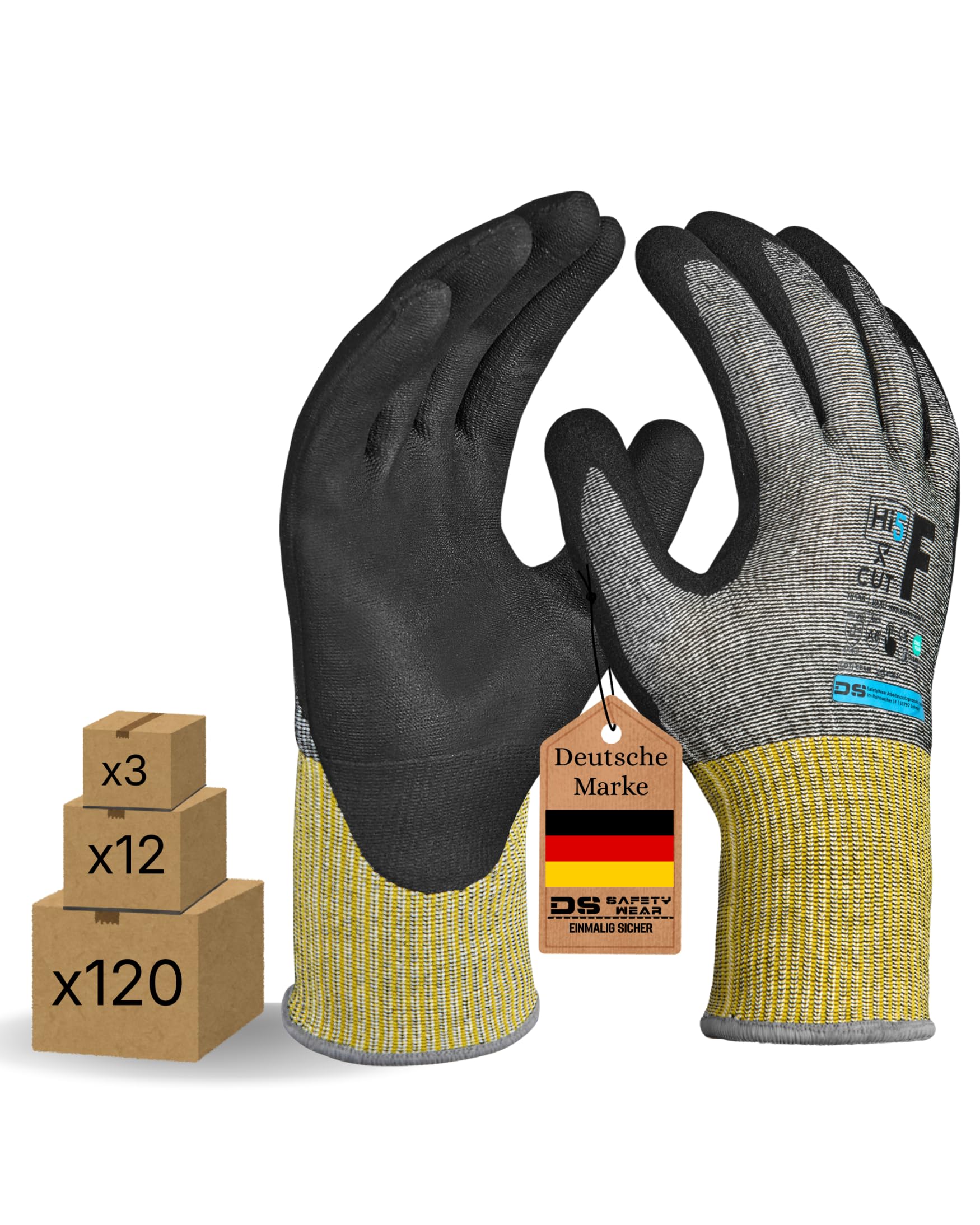 Hi5 DS SafetyWear X-Cut Schnittschutzhandschuhe 4X43F – 15G HPPE/Nylon/Spandex – Nitril-Mikroschaum-Beschichtung – Schnittschutz Level F – EN 388 – schwarz/gelb (L, 120, stück)