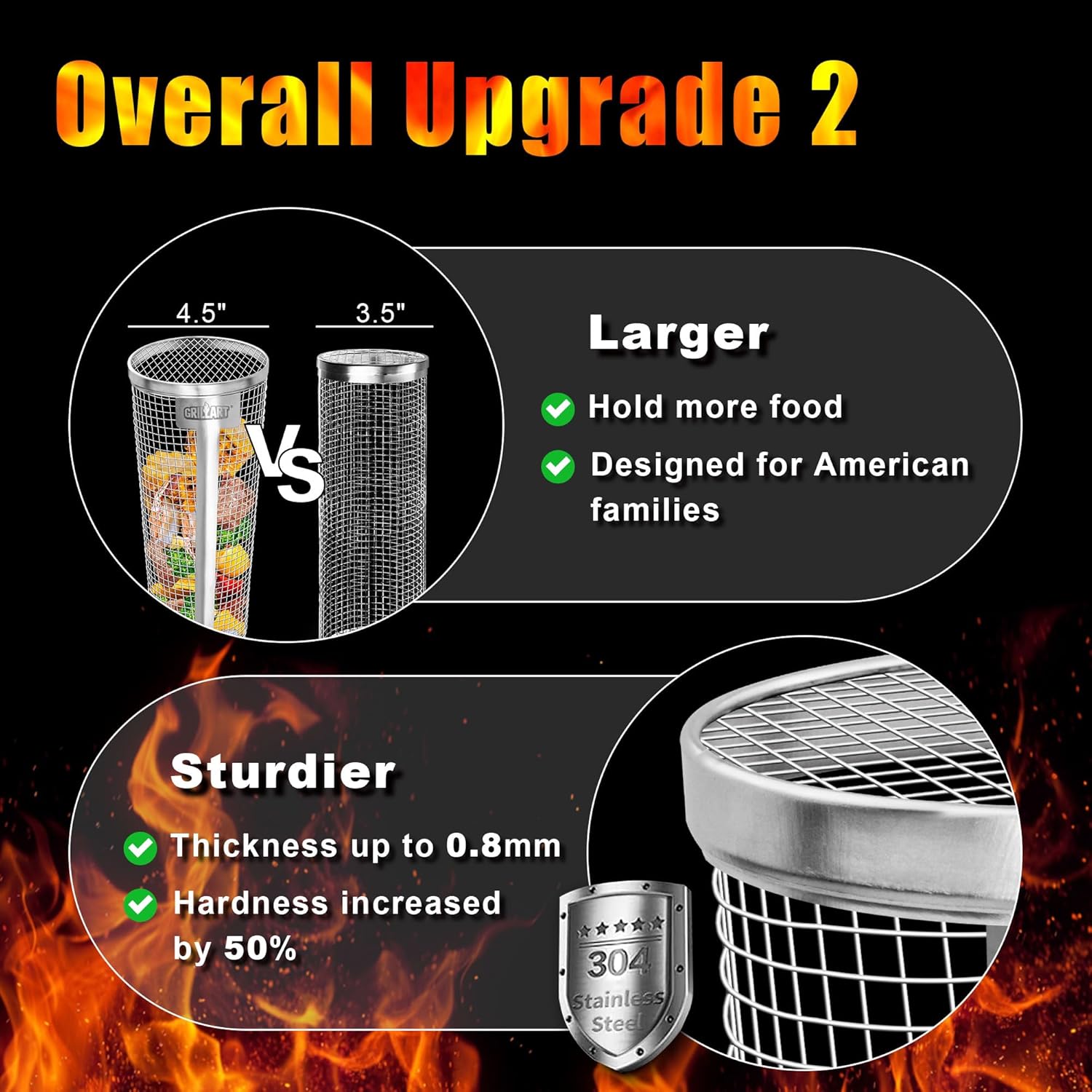 [Upgraded] Grill Basket 2 Pcs (Size XXL), Dishwasher Safe Rolling Grilling Baskets for Outdoor Grilling, Stainless Steel BBQ Grill Basket for Veggies, Grill Nets Cylinder, Gifts for Men/Dad