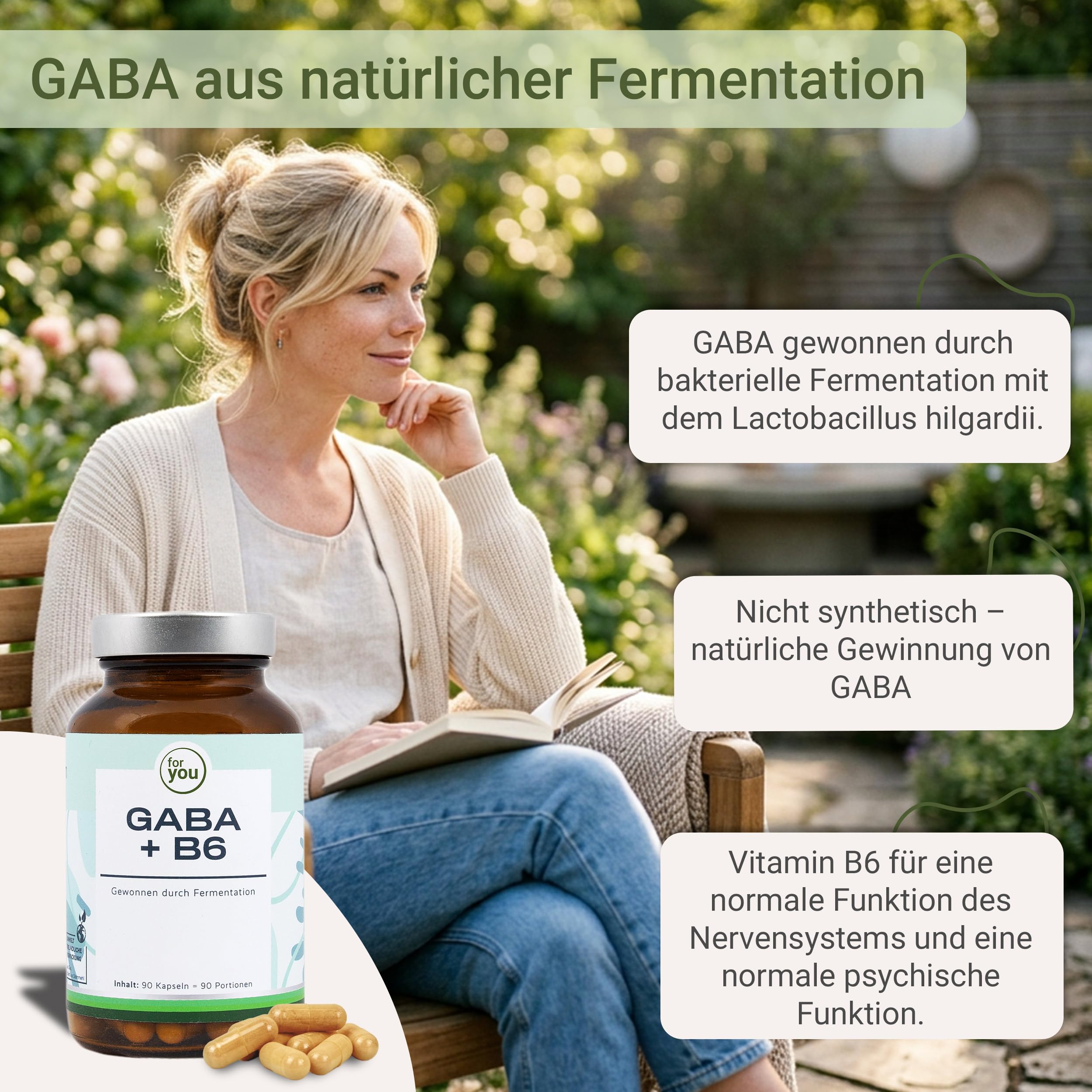 for you GABA + B6 180 Kapseln - Hochdosiertes Gaba aus Fermentation mit dem Lactobacillus hilgardii & bioaktivem Vitamin B6-500mg Gamma-Aminobuttersäure pro Kapsel & bioaktivem Vitamin B6