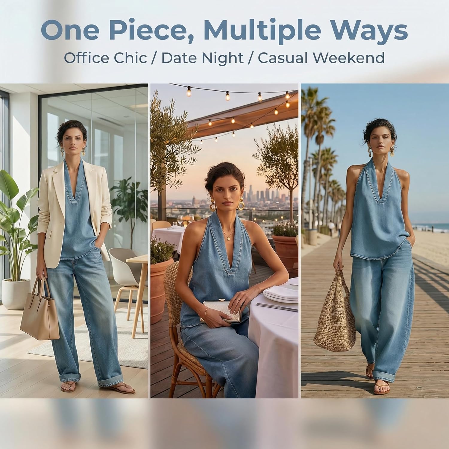 Cozy Minimalist Two-piece Denim Set, Halter Top and Wide Leg Denim Pants 2 Piece Outfits Matching Set for Women