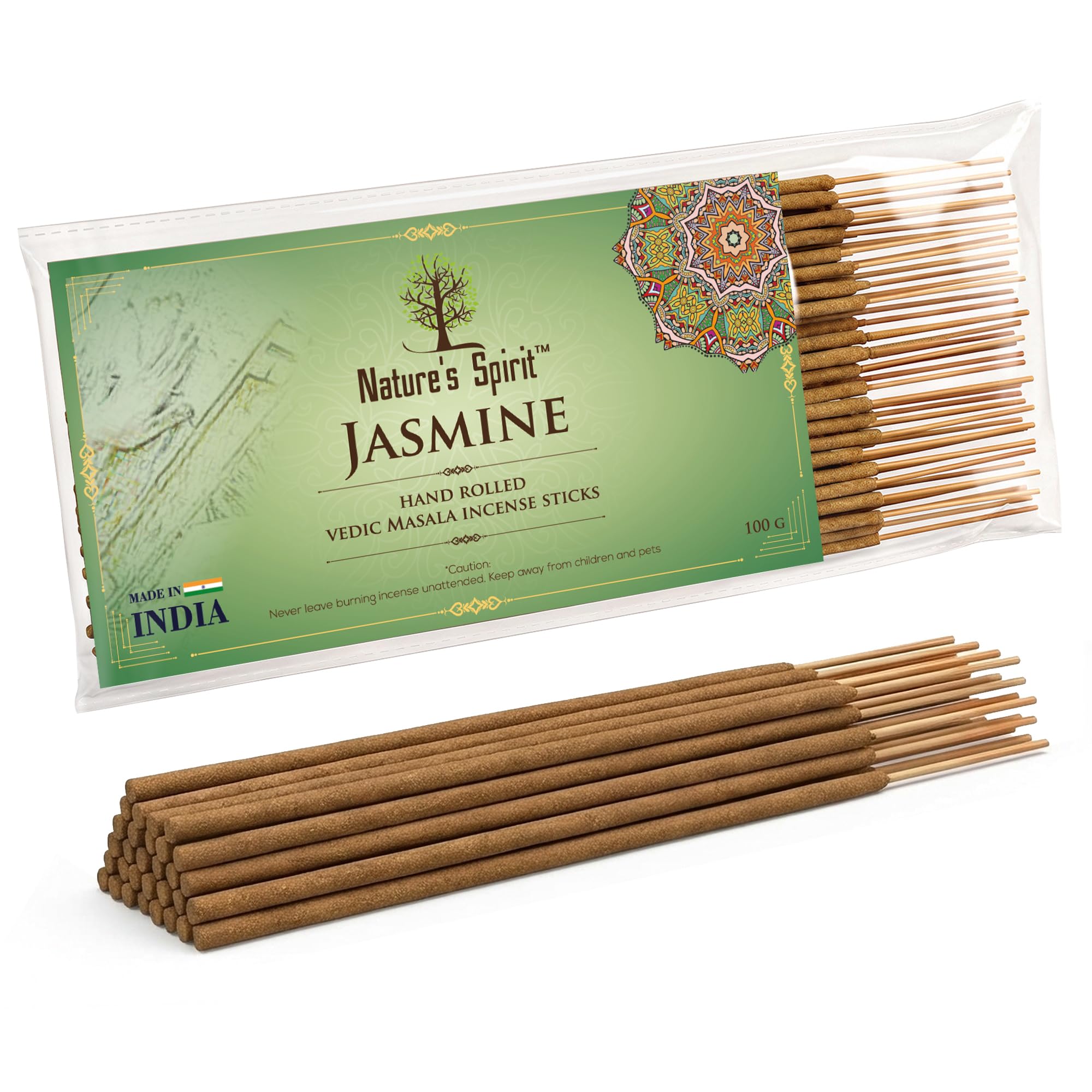 Vedic Masala Hand Rolled Incense Sticks 100g Pack Traditional Indian Joss Sticks Long Burning Natural Aromatherapy Incense for Meditation Yoga Relaxation Spiritual (Jasmine)