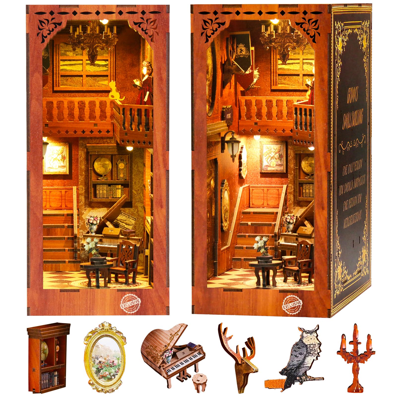 DIY Book Nook Kit - 3D Wooden Puzzle Shelf Insert With Motion Sensor LED Light, Railway Cathedral