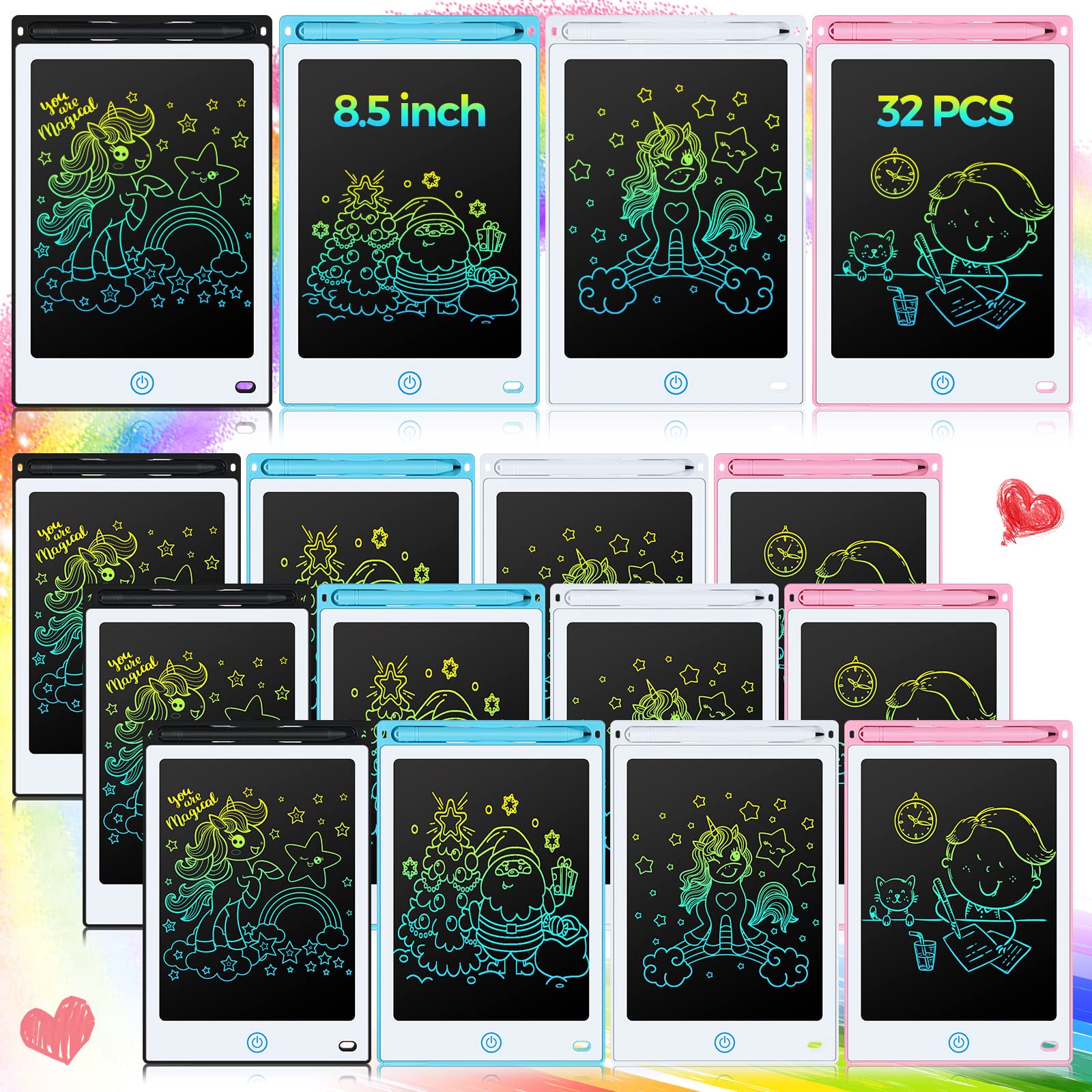 32 Pieces LCD Writing Tablet Doodle Board Electronic Toy 8.5 Inch Colorful Doodle Board LCD Erasable Drawing Pad Reusable Writing Pad Toys for Girls Boys 8-10 3-10 (White, Black, Pink, Blue)