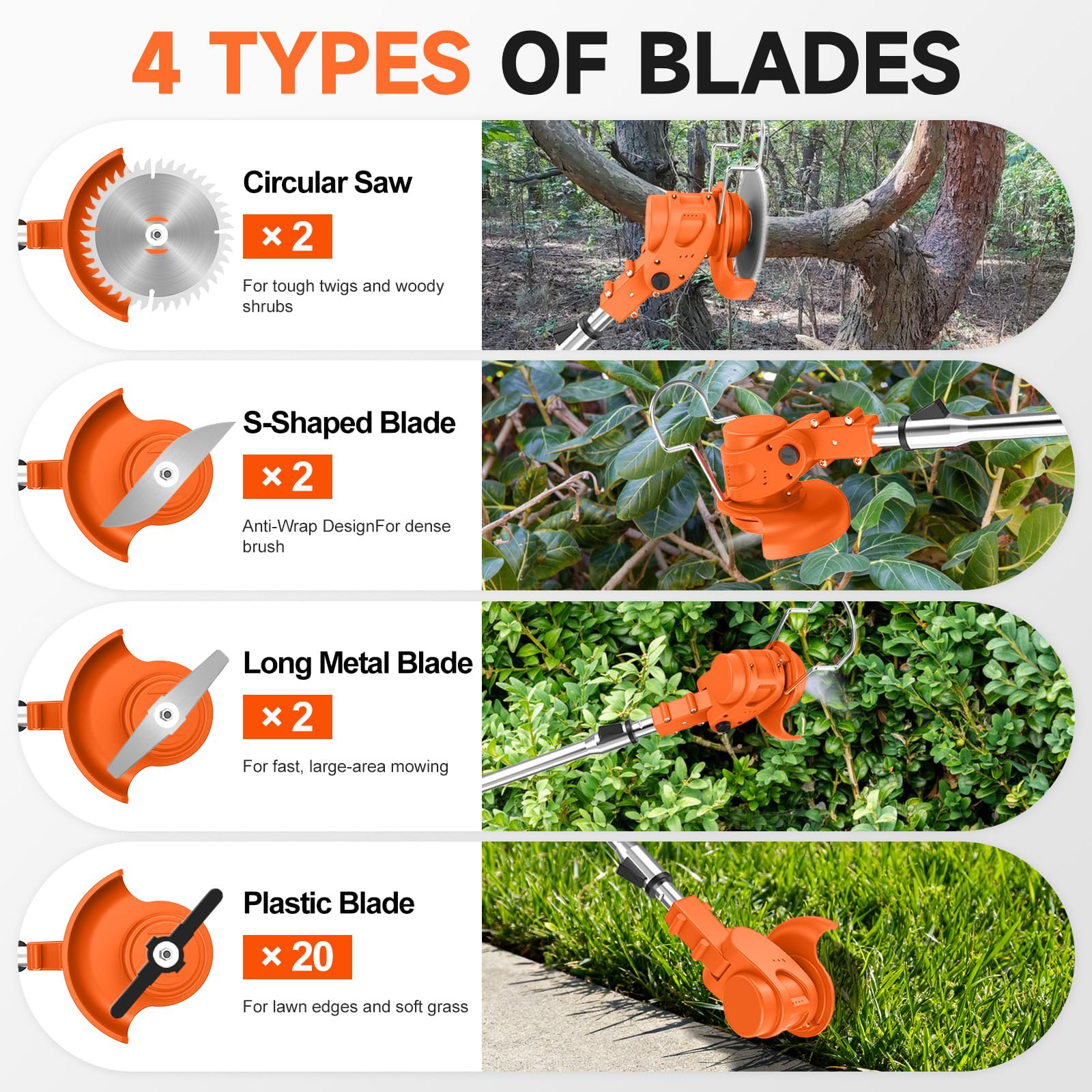 21V Cordless Strimmer, 700W Grass Trimmer with 2x 2000mAh Batteries, Lightweight Foldable Battery Strimmers Cordless with 26 Blades,90° Adjustable Head for Garden Lawn Weeding - Deep Orange - 3