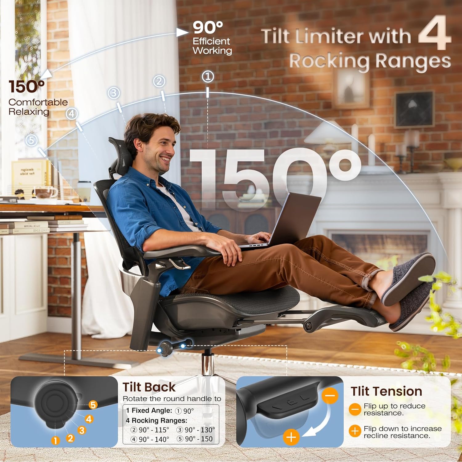 GABRYLLY Ergonomic Office Chair, Home Mesh Desk Chair with Sync Lumbar Support & Sliding Seat, 4D Arm, 150° Recline, Adjustable Back,Big & Tall Computer Chair-Footrest,Aluminum Base, Black, FLOW550