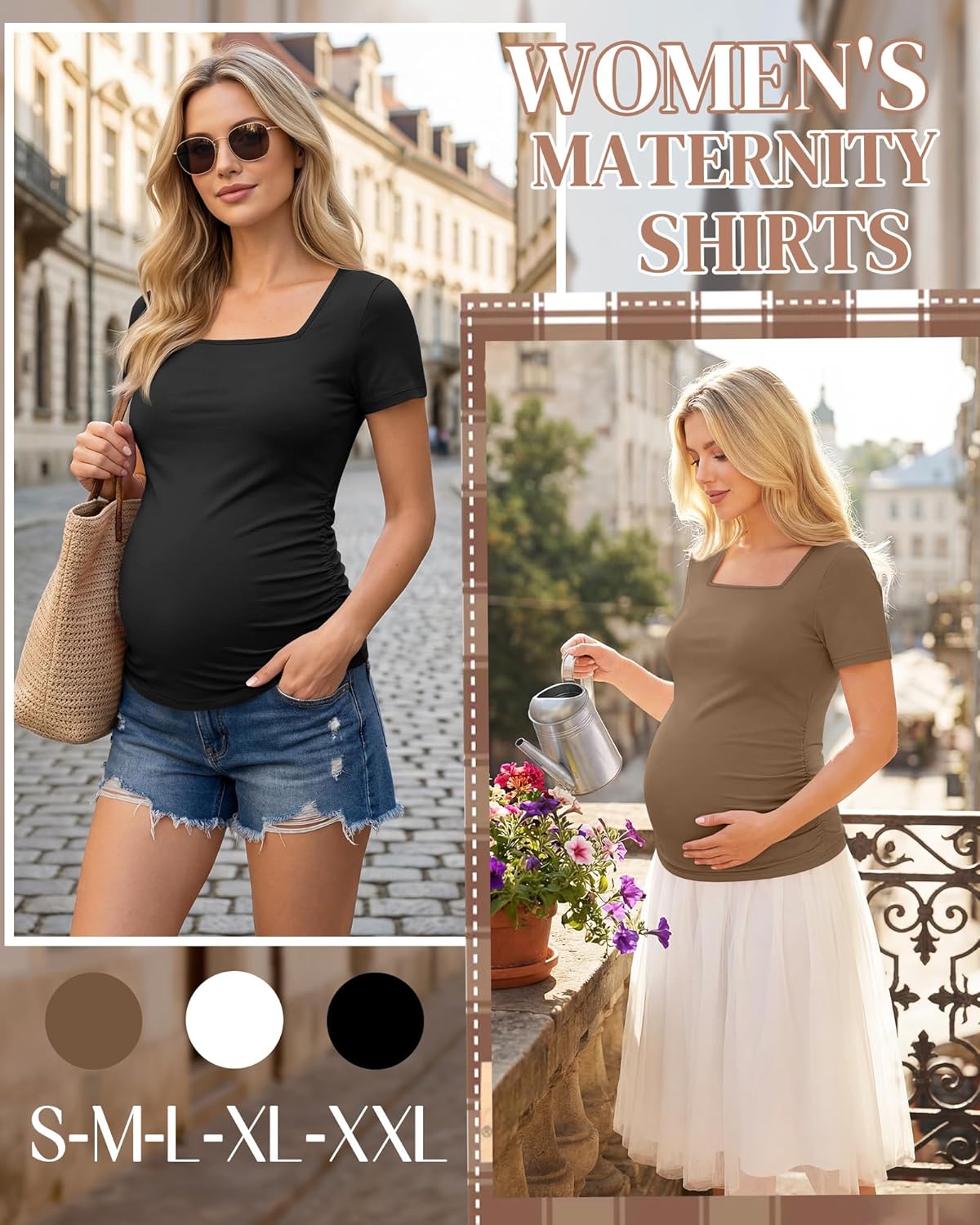 3 Pack Women's Maternity Shirts Square Neck Side Ruched Short Sleeve Maternity Tops Casual Knitted Pregnancy Tees - Image 3
