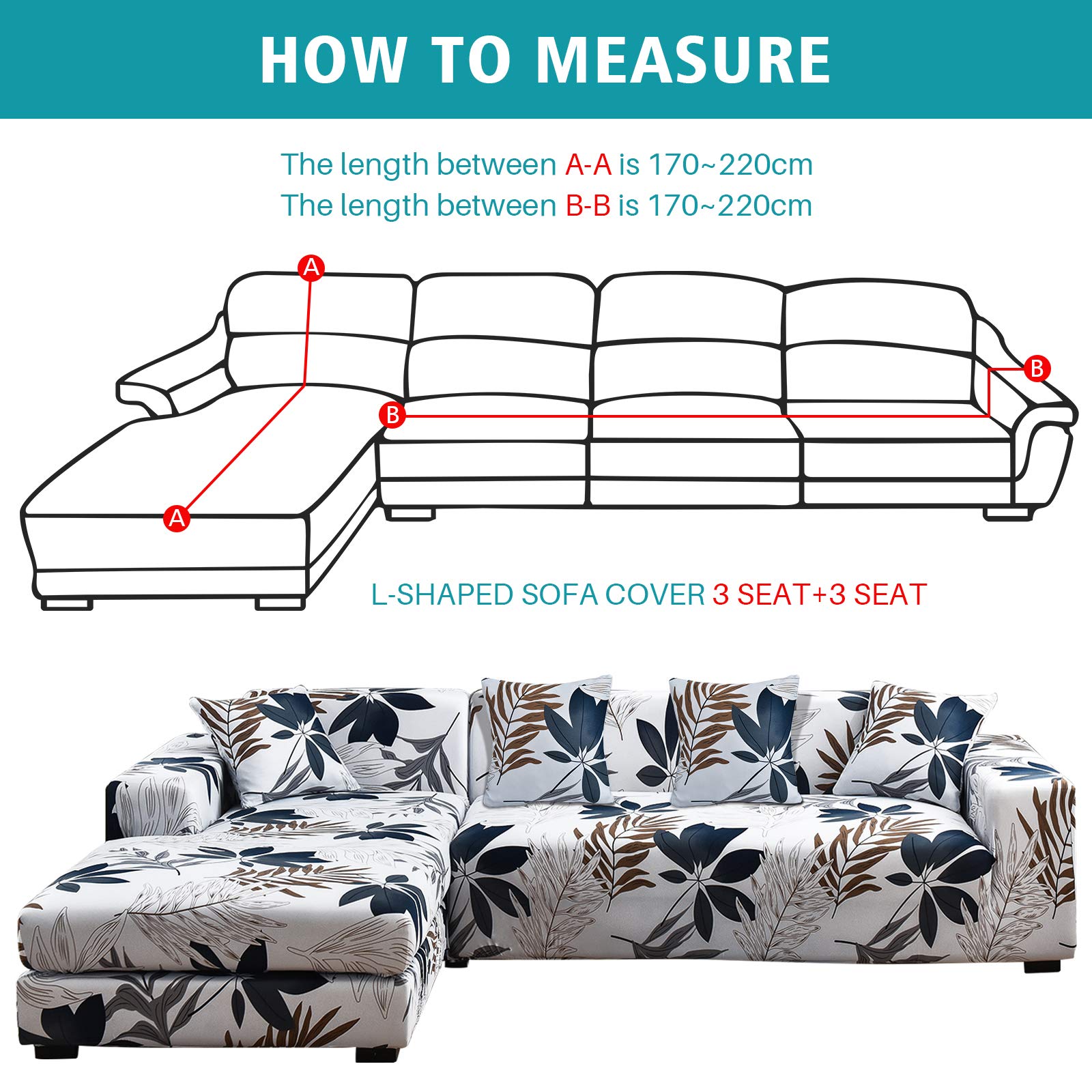 LiveGo L Shape Sofa Cover Sectional Couch Slipcover 2 Piece Stretchy Elastic 3 Seater Chaise Sofa Furniture Protector Slip Covers with 4pcs Pillowcases for Living Room Pets Kids (style-3067)