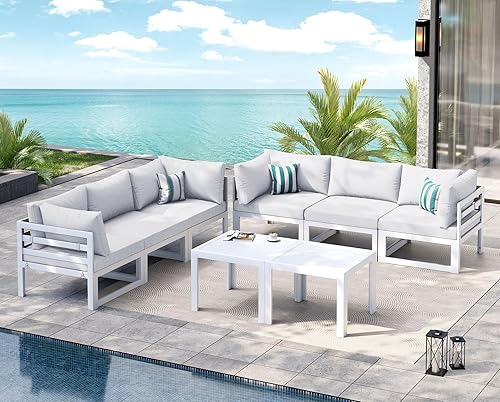 Miniatura 115 de NICESOUL 7 Piece White Powder-Coated Aluminum Patio Furniture with Fire Pit Table, 29 Inch Extra Wide Outdoor Sectional Sofa for 6, High-End Heavy