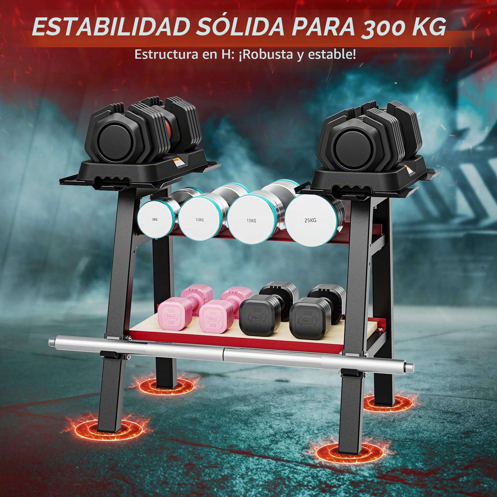 Dripex Soporte para Mancuernas Multifuncional de 2 Niveles Deportivo de Interior Fitness en Casa, Estante de Almacenamiento de Mancuernas Ajustable, Carga Máxima de 300 kg
