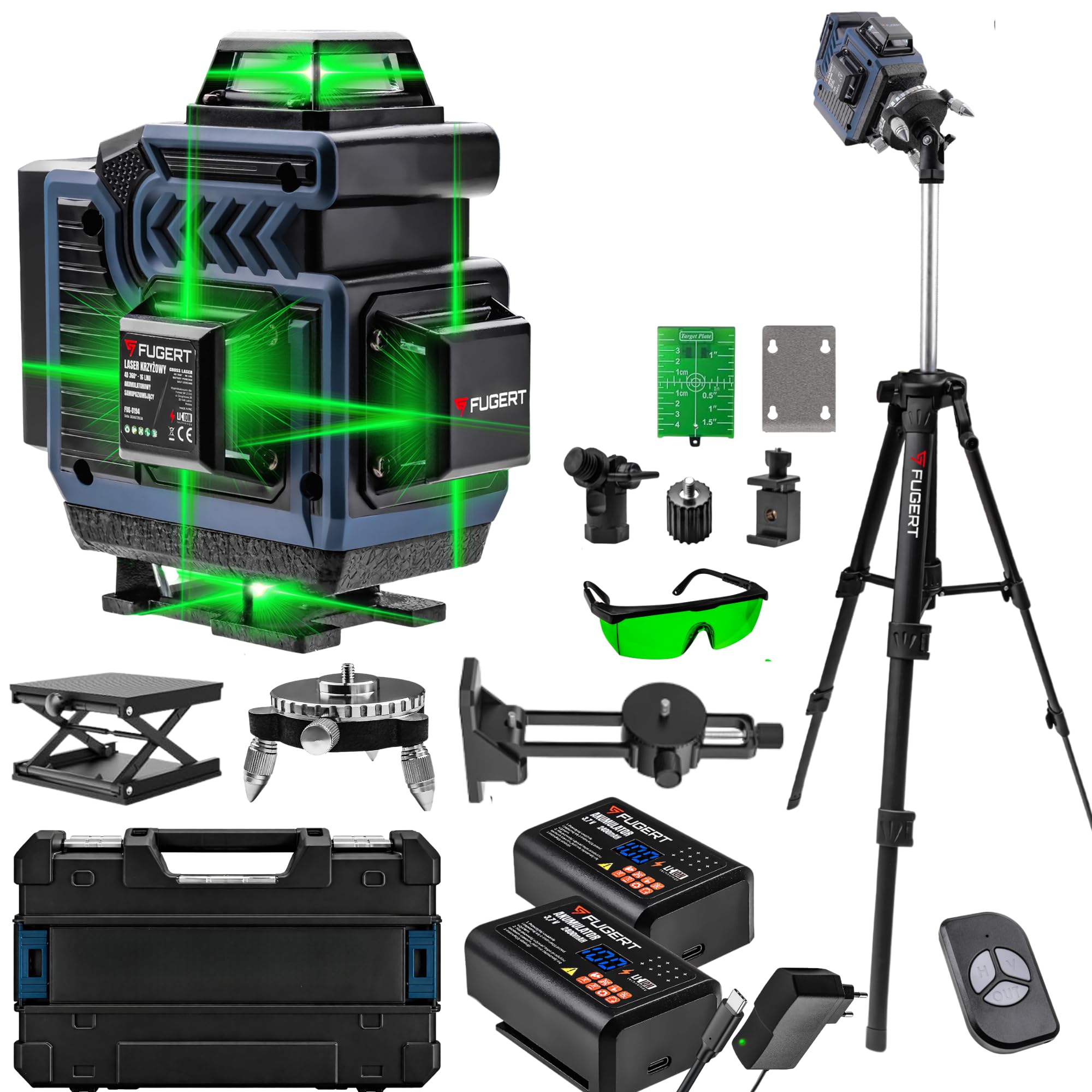 LASER KRZYŻOWY 360 ZIELONY POZIOMICA LASEROWA PŁASZCZYZNOWA 4D 2xAKU STATYW