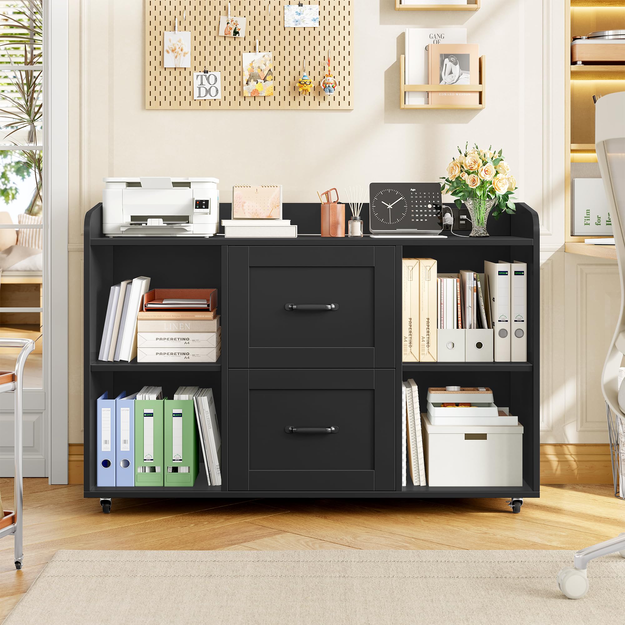 HOCSOK Caisson Bureau, Support d'Imprimante, avec Prises Électriques et 2 Ports USB, Meuble de Rangement à 5 roulettes Mobile, pour Dossiers A4/Letter/Legal, Armoire de Rangement pour Bureau, Ecole