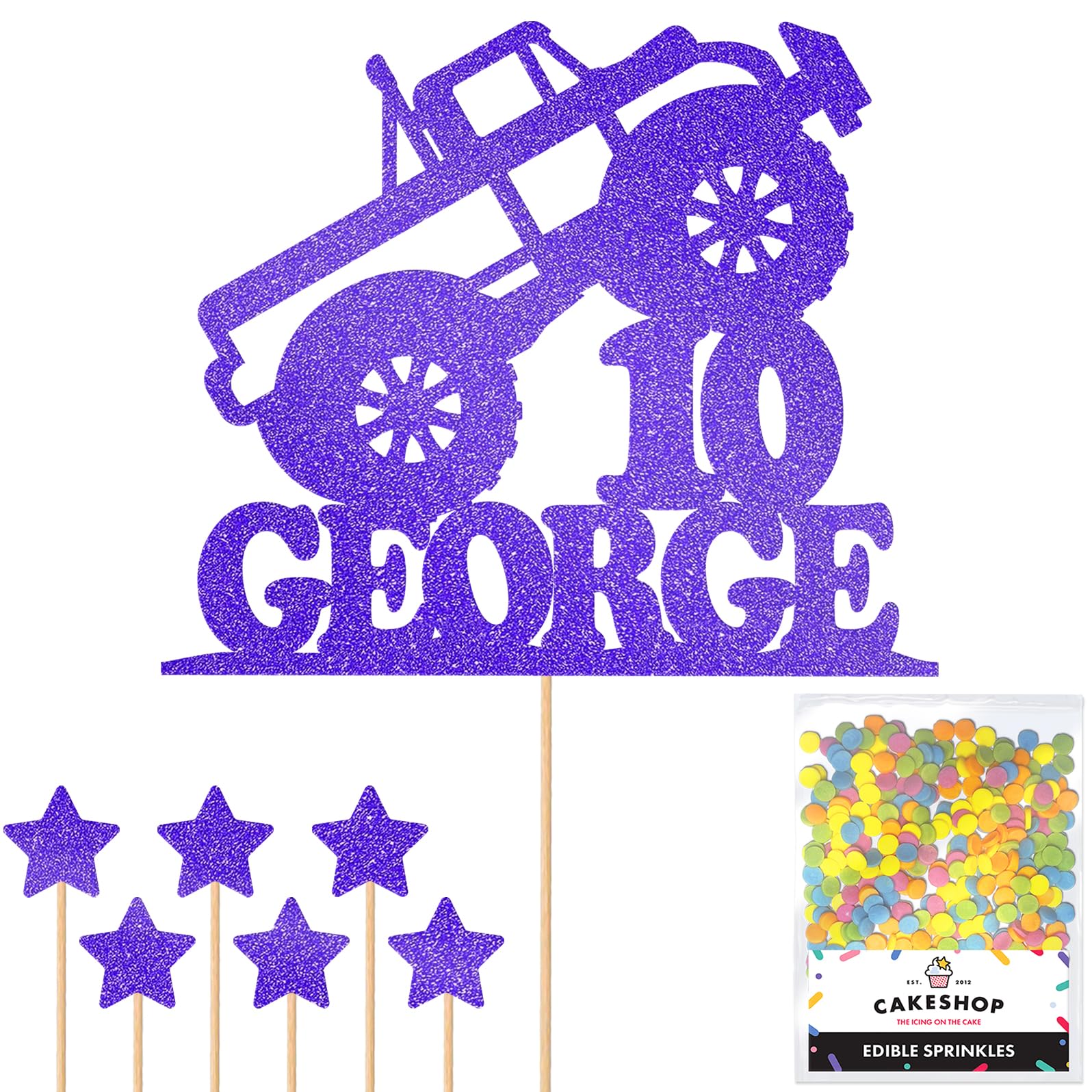 Personalised Monster Truck Glitter Cake Topper- Bright Blue Any Custom Age & Name Glitter Cake Decoration and Sprinkles - Happy Birthday Decorations - Personalised Toppers for Cakes by Cakeshop — image 1