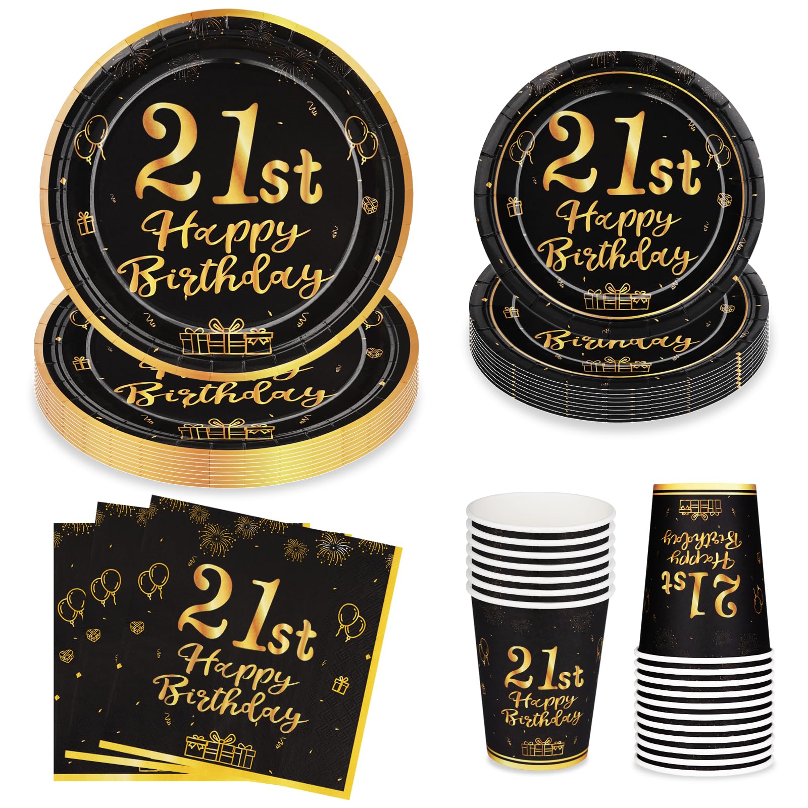 LAWALEISHE 21st Happy Birthday Party Plates Cups and Napkins, Black Gold 9" and 7" Disposable Paper Plates and Cups, 96pcs Party Tableware Set 24 Guests, Birthday Supplies for Table Decorations
