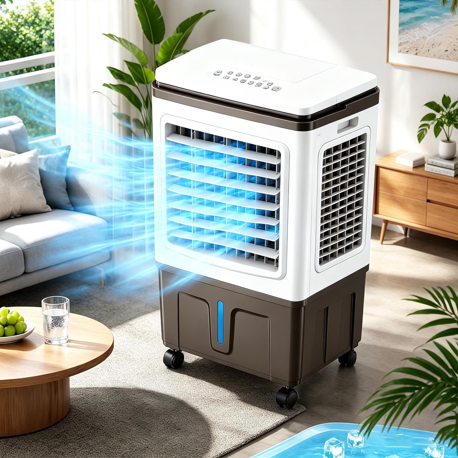 Sunseota Portable Air Cooler, Evaporative Swamp Cooler with Humidifier, 40L Large Capacity Water Tank, Quiet Windowless Air Conditioner Alternative with 2 Ice Packs, Oscillating Fan for Bedroom 30L