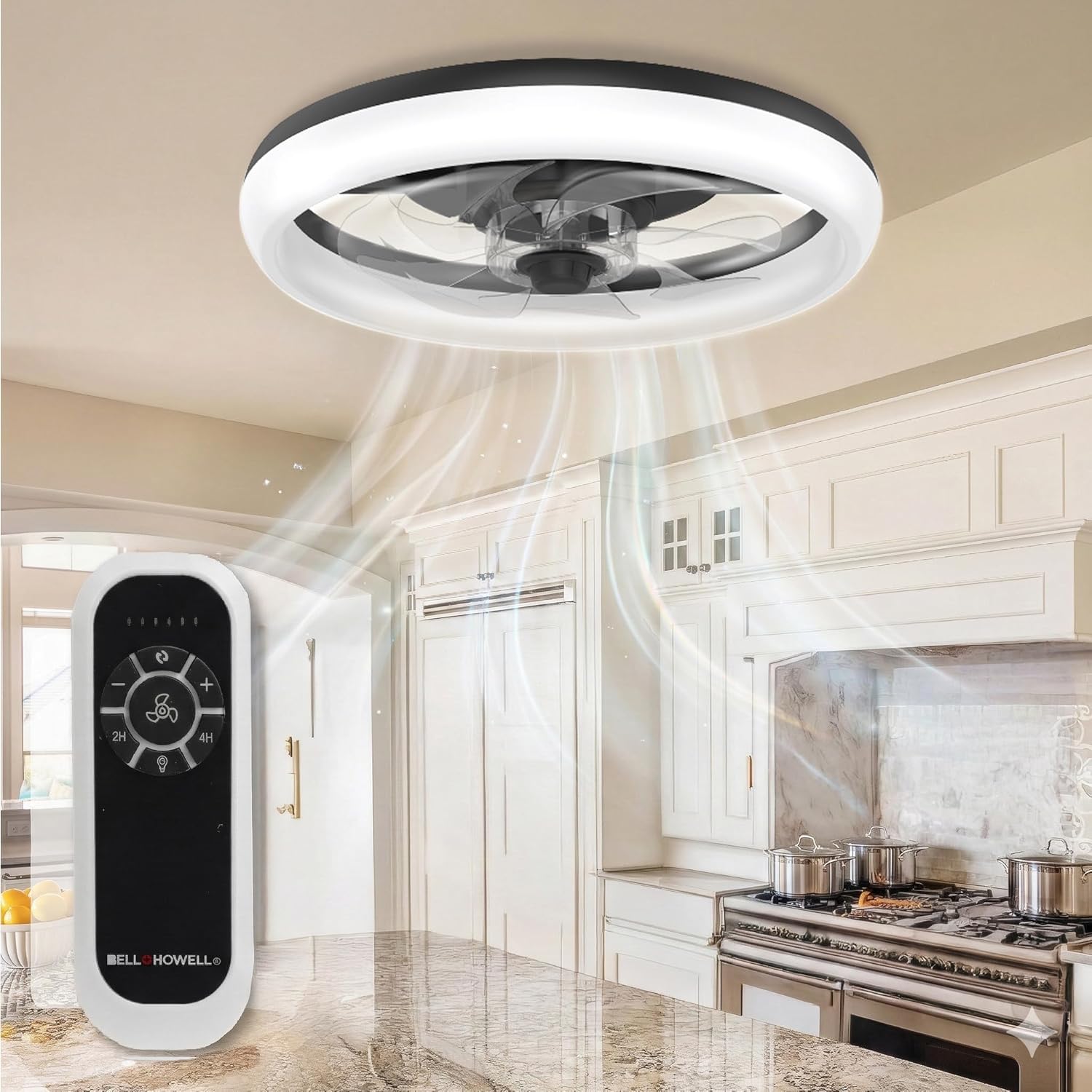 CannonX 14” Low Profile Fandelier Ceiling Fans with Lights and Remote, Flush Mount Light Fixture Chandelier Fan for Bedroom, Kitchen, Reversible Motor with 6 Speeds, 3 CCT 3500K-5500K - Black